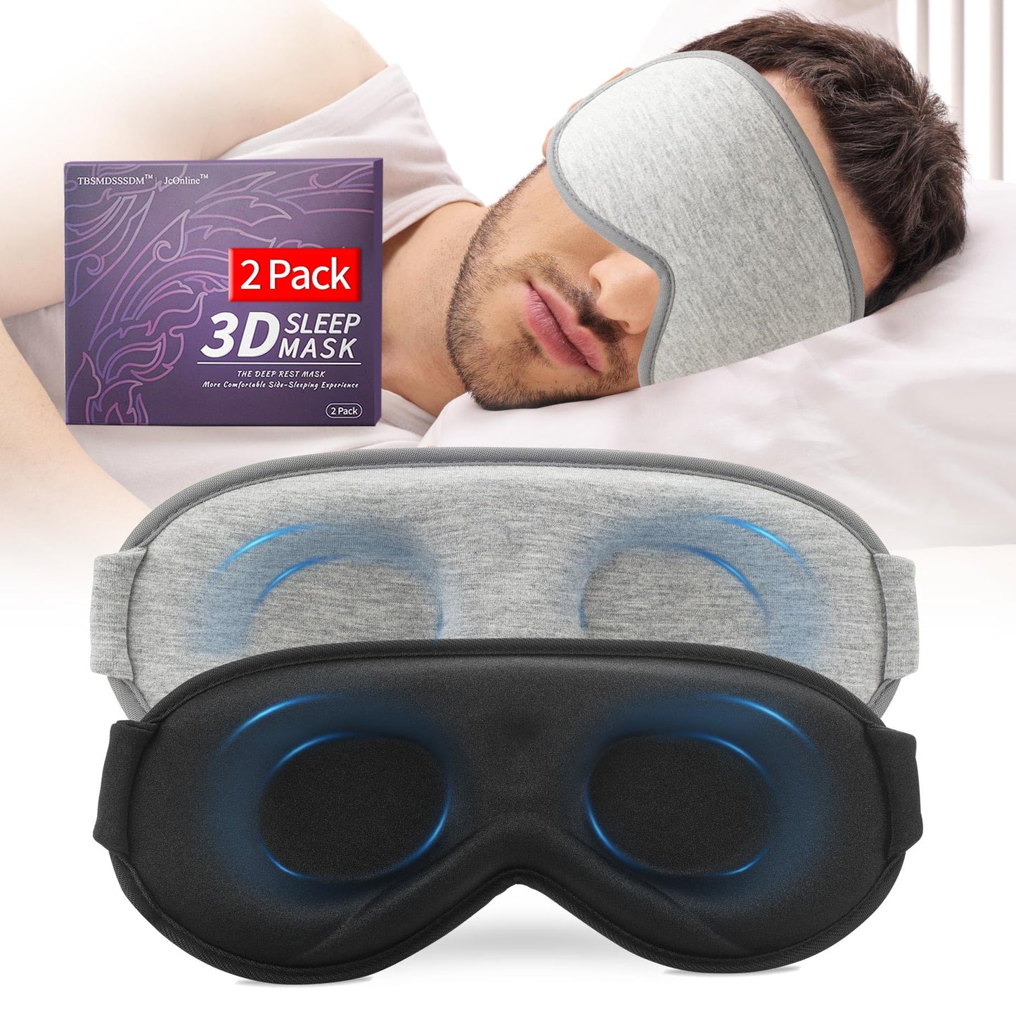 3D Sleep Mask for Men&Women, 2 Pack Contour Eye Masks for Sleep, Side Sleeping Mask for Men&Women, Blackout Eye Mask for Sleeping Eye Mask, Airplane Travel Essentials for Men, Meditation Black & Gray