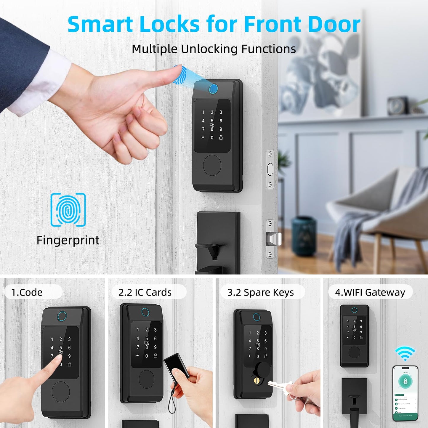 WiFi Front Door Lock Set - Miuedo Keyless Entry with Handle Keypad, Smart Deadbolt, Fingerprint, Auto Lock, Code, Fob, Remote Control - Black