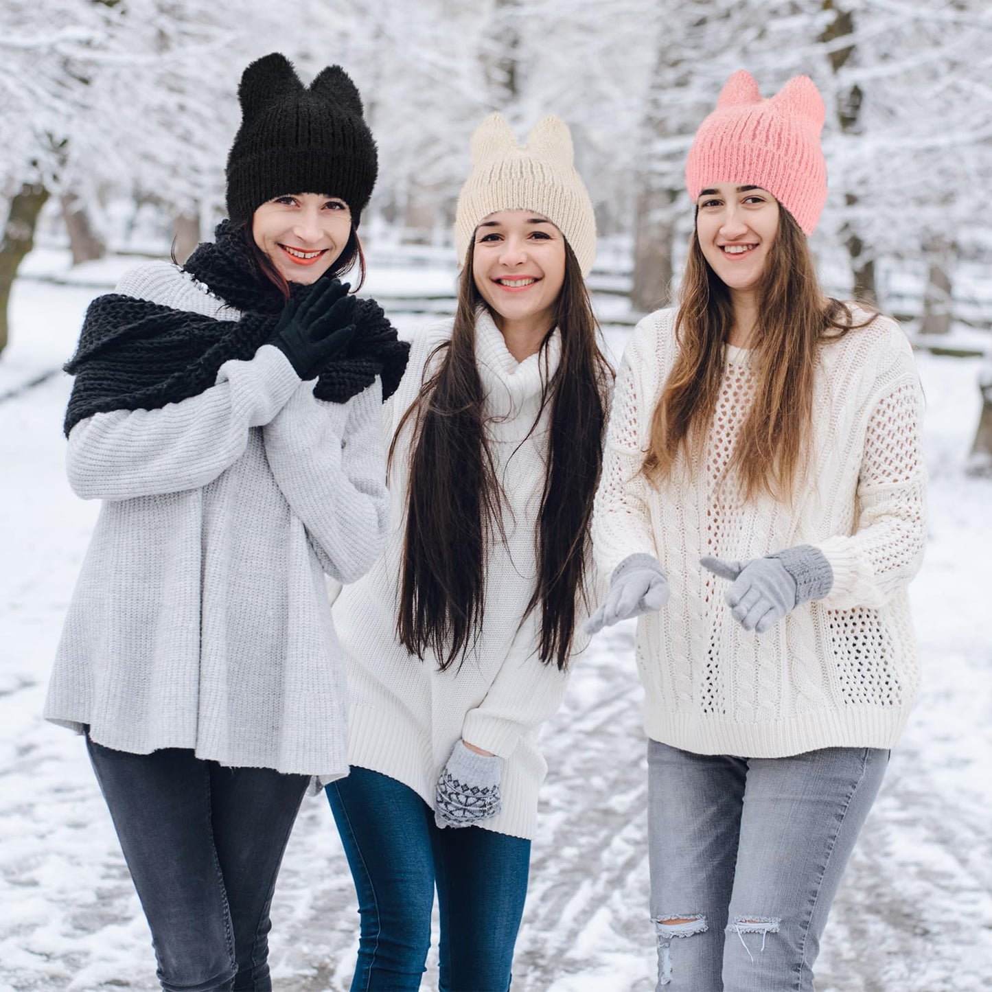 Silicherry 3 Pcs Winter Cat Ear Knitted Beanie Hats for Women Men Ladies Soft Warm Lazy Slouchy Hat Accessories(Black,Pink,White)