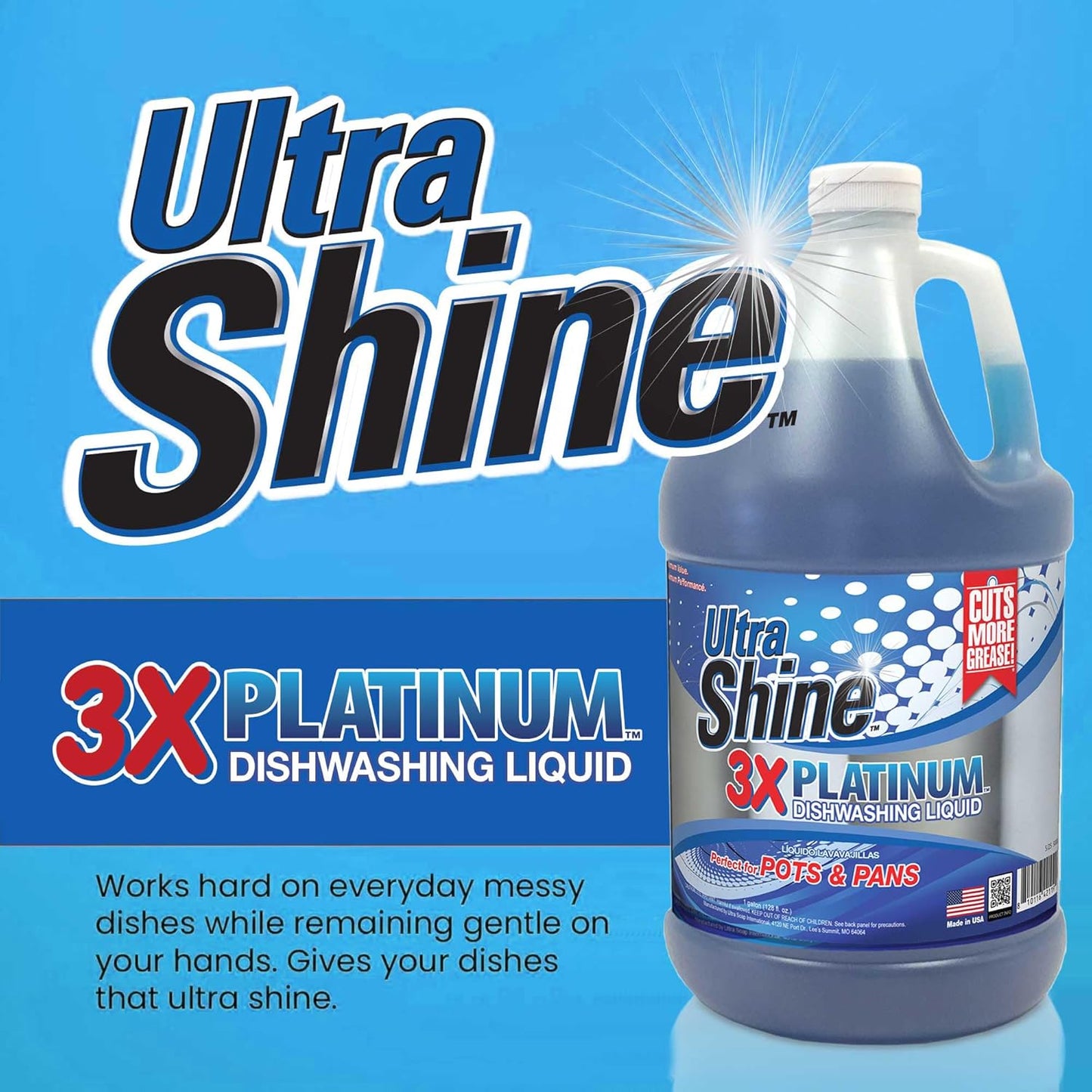 Ultra Shine™ 4 Pack 3X Platinum™ Dishwashing Liquid, Powerful Grease Remover, 1 Gallon - Concentrated Dish Cleaner Soap for Commercial Kitchens, Restaurants & Home Cleaning, Gentle on Hands & Skin