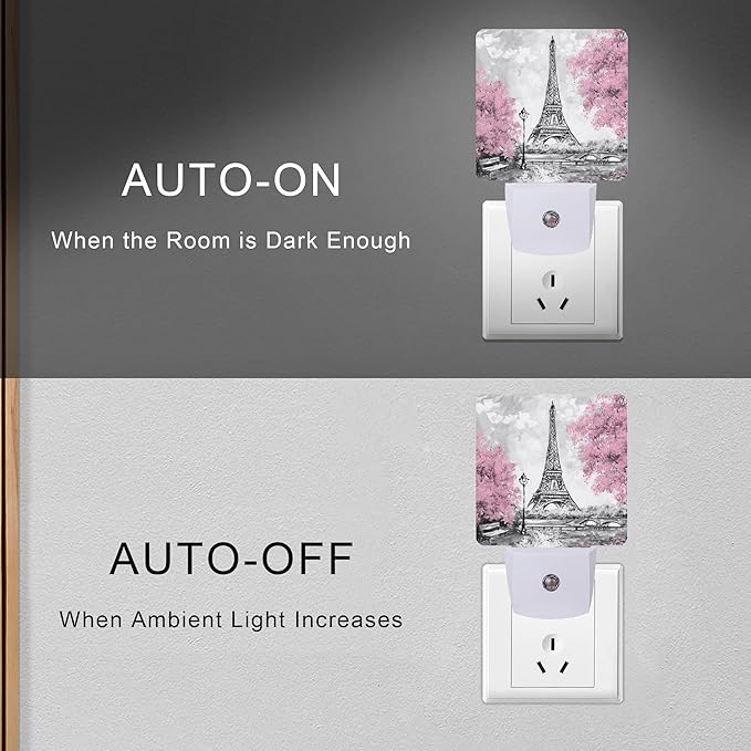 Eiffel Tower Paris Pink Flower Night Light Plug-in LED Nightlights Auto Sensor Night Lamp Dusk-to-Dawn Lamp Home Decor for Nursery Children Girls Boys
