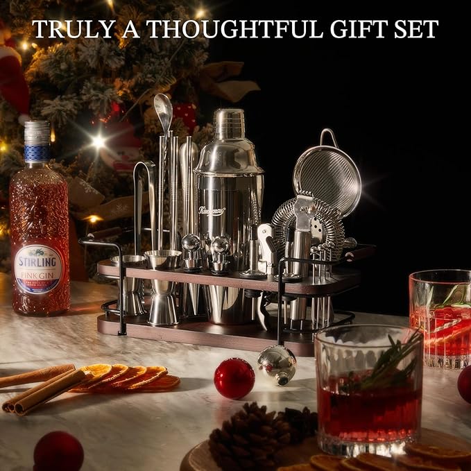 KITESSENSU Cocktail Shaker Set Bartender Kit with Stand | Complete 24-Piece Bar Set Cocktail Kit with All Bar Accessories: Martini Shaker, Jigger, Muddler | Drink Mixer Set for Home Bar Cocktails