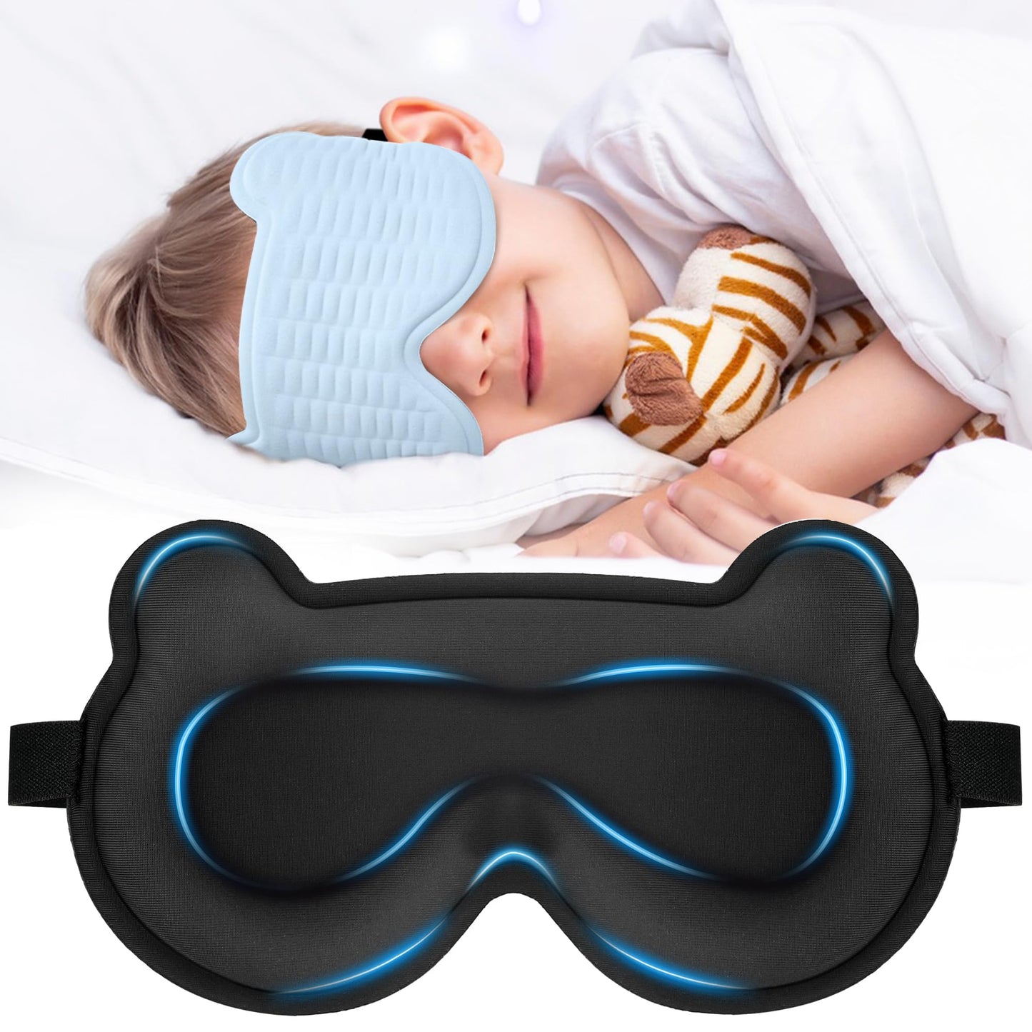 Kids Sleep Mask, 3D Sleeping Eye Mask for Kids with Adjustable Elastic Strap, Bear Shape Eye Cover with Memory Foam, Soft & Light-Blocking, Gift for Boys Girls Teens Age 5–15 (Blue)