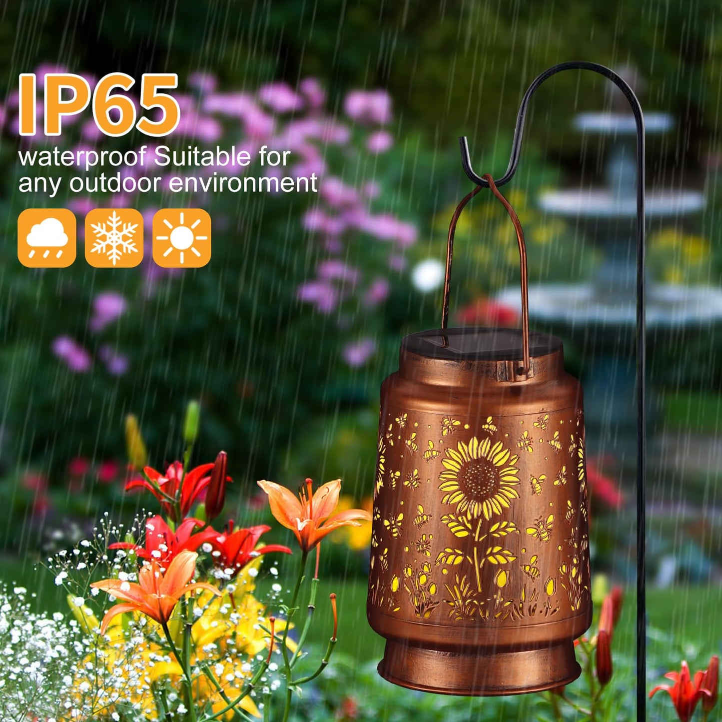Solar Lantern Outdoor Hanging Waterproof Outside Metal Openwork Hummingbird Pattern Birthday Gifts For Women Mom Landscape Lights For Porch Garden Yard Patio Pathway Decor(Sunflower + Bee)