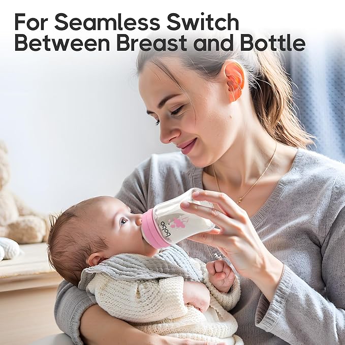 YOHKOH Glass Baby Bottles with Slow Flow Nipple, Newborn Anti-Colic Baby Bottles for 0+ Months, Wide Neck Feeding Bottle, Clear (Red, 5oz (Pack of 4))