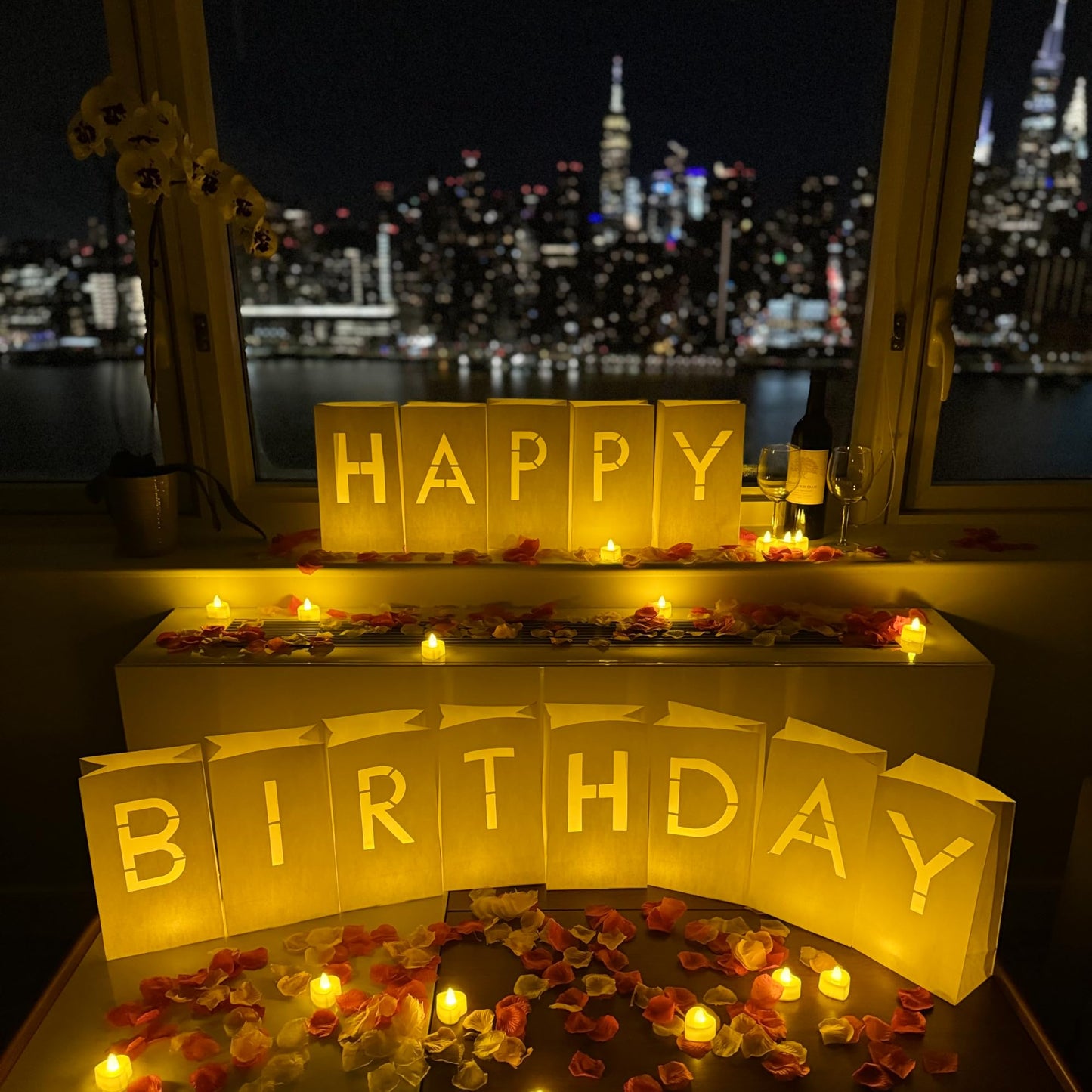 Wymm Happy Birthday Decorations For Women & Men - Surprise Set With Light Up Letters  30 Tea Light Candles  2000 Red & Pink Rose Petals - Luminary Bags To Create A Beautiful Happy Birthday Banner Sign