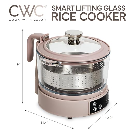 COOK WITH COLOR 3L Glass Mini Low Carb Rice Cooker – Holds 2 Cups Raw/Makes 6 Cups Cooked with Auto Lift Filter Basket, Hotpot & Steamer for Rice, Grains, Digital Panel with Keep Warm, Goat/Mink