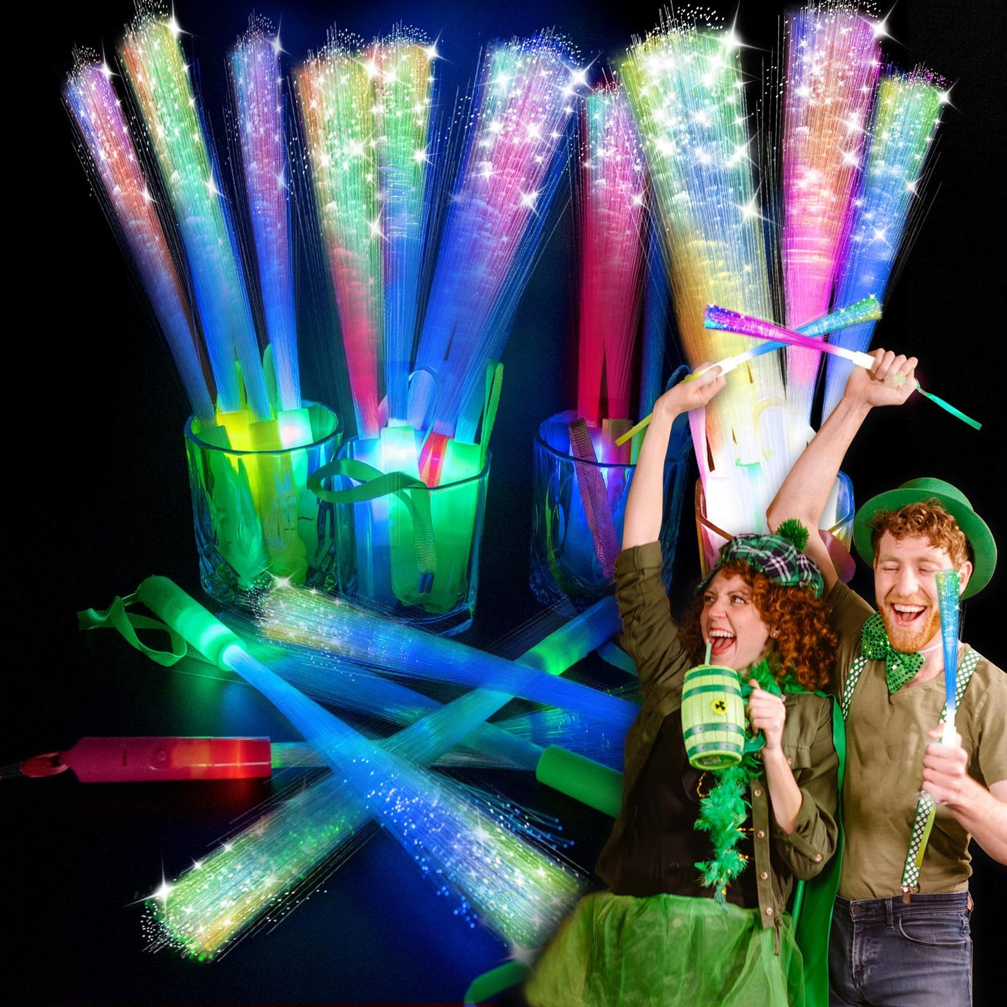 SHQDD 28 PCS Glow Fiber Wands Sticks, Halloween Glow Sticks, LED Light Wands, Glow in The Dark Party Supplies, Fiber Optic Wands, LED Flashing Sticks, Fiber Optic Light Wand Stick for Party