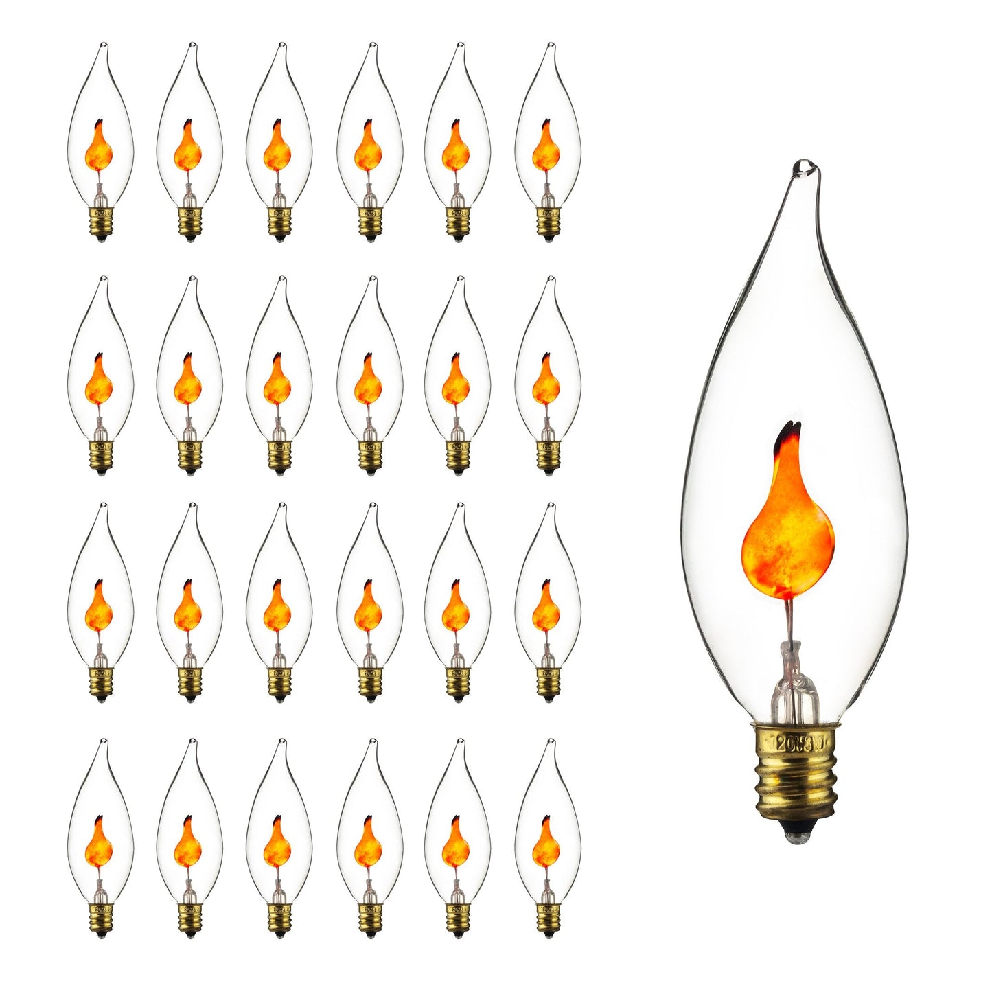Sunlite Flame Tip Halloween Incandescent Bulbs, Candelabra Base E12, 25 Pack, Orange, Model 40105, Glass