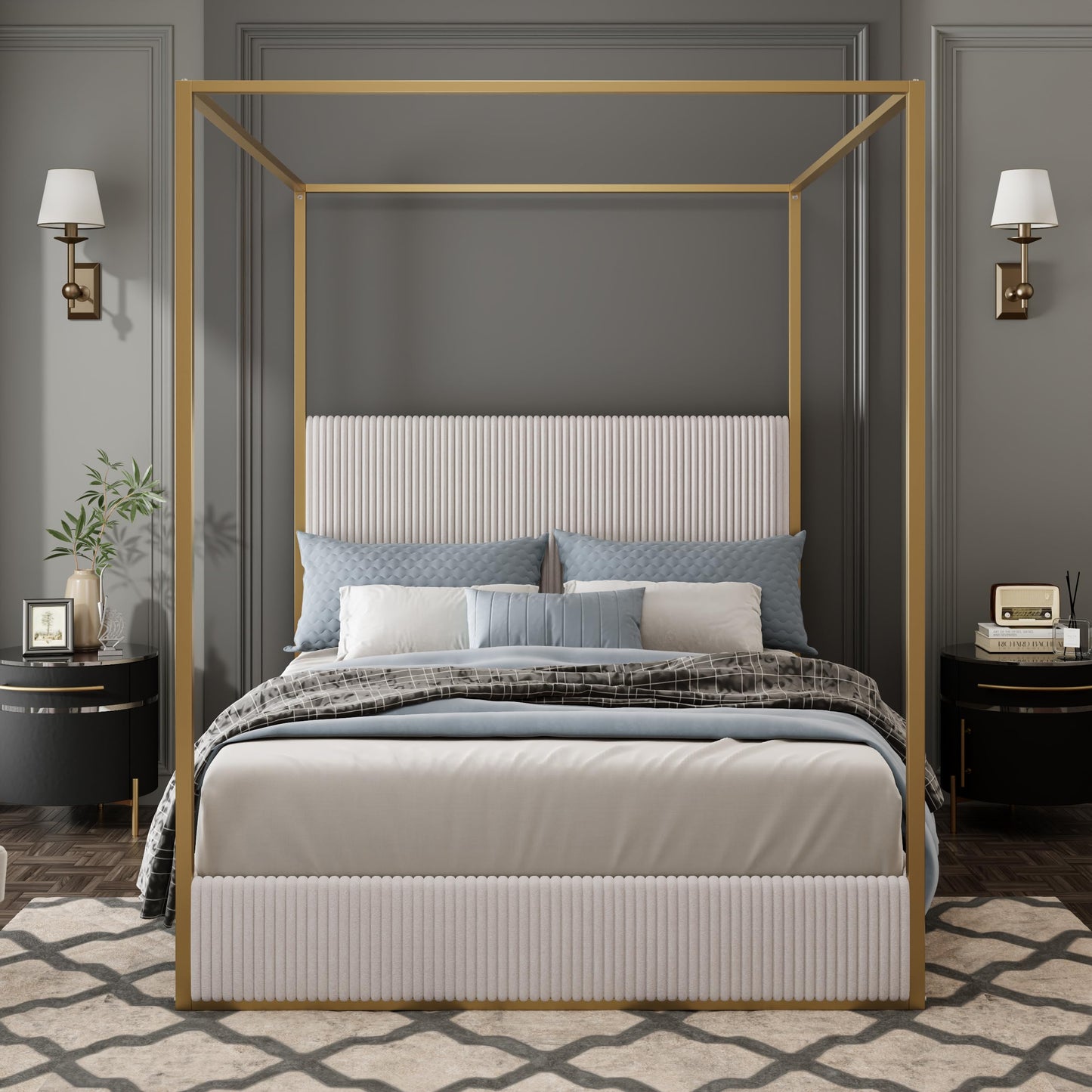 LUMISOL Queen Size Upholstered Canopy Bed, Metal 4 Poster Bed with Tall Corduroy Headboard, Gold Canopy 4 Poster Bed Frame with Headboard for Kids Teens Adults, No Box Spring Needed, Beige