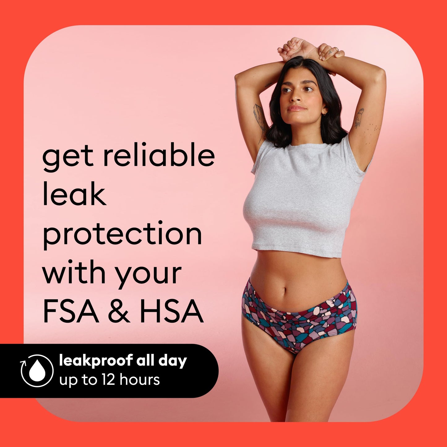 Thinx for All Period Underwear, Everyday Comfort Brief, Holds Up to 12 Regular Tampons*, Period Panties, Leakproof, Reusable & Controls Odor, Mosaic + Rhubarb with Lace, L