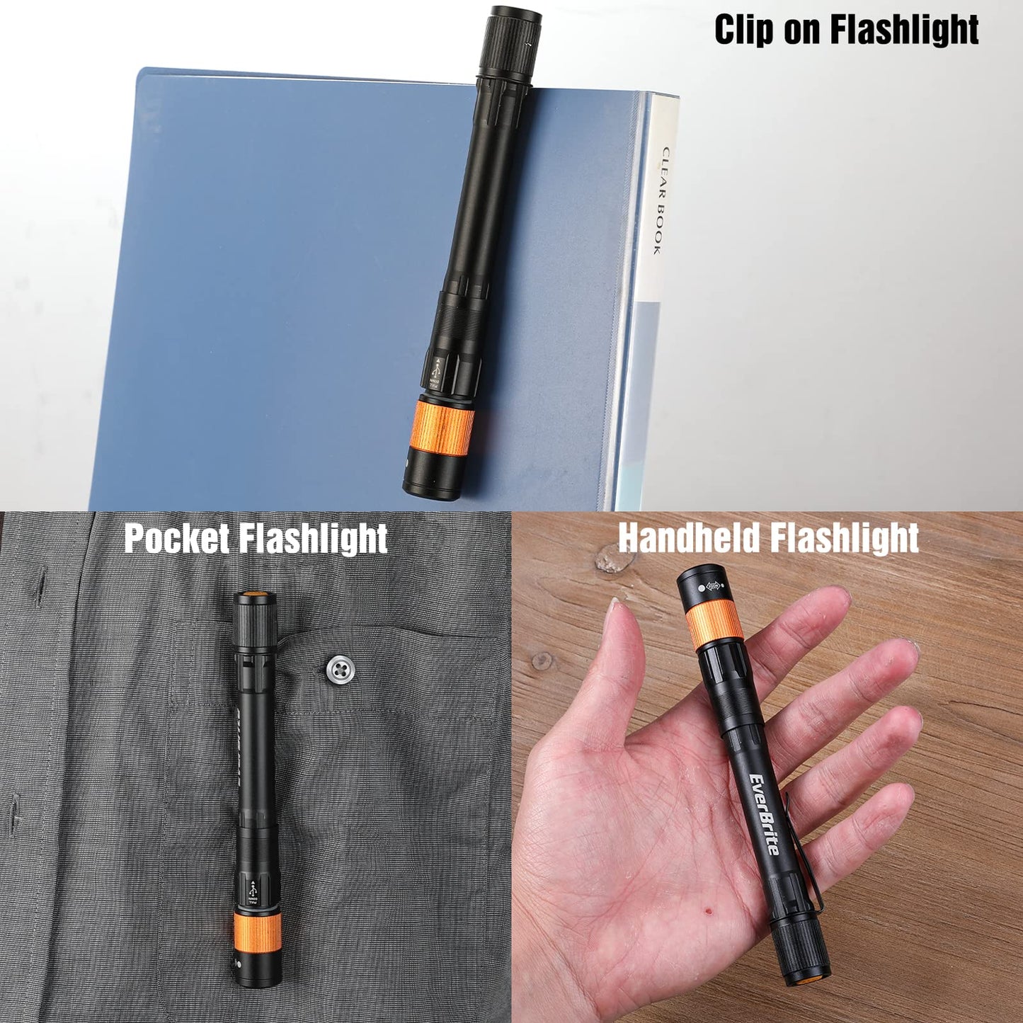EverBrite Rechargeable Pen Light, 300 Lumens LED Flashlight, Zoomable, Aluminum, Black