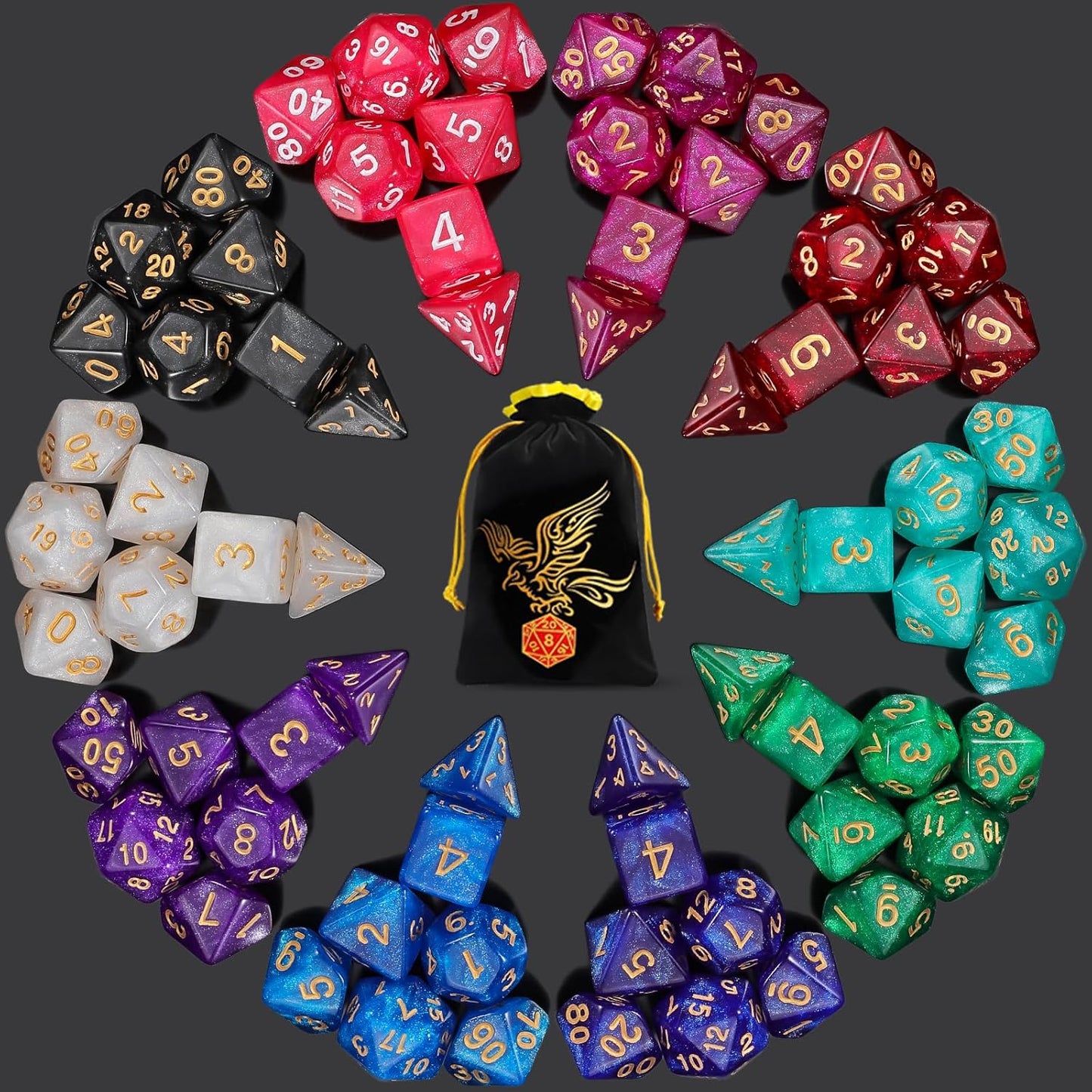 QMay DND Dice Set 10x7 (70 Pieces) Polyhedral Dice for Dungeons and Dragons D&D RPG MTG Role Playing Games with 1 Drawstring Bag