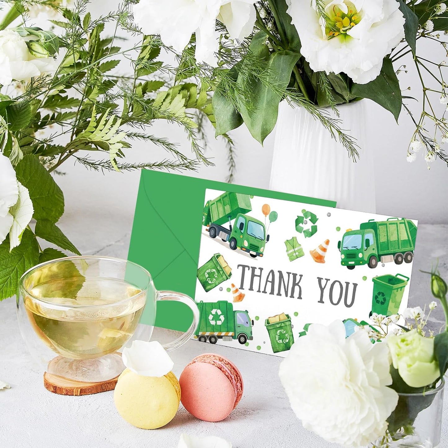 Whaline 24Pcs Garbage Truck Thank You Cards Green Trash Truck Note Cards with Envelopes Stickers Blank Greeting Card for Birthday Baby Shower, 4 x 6 Inch