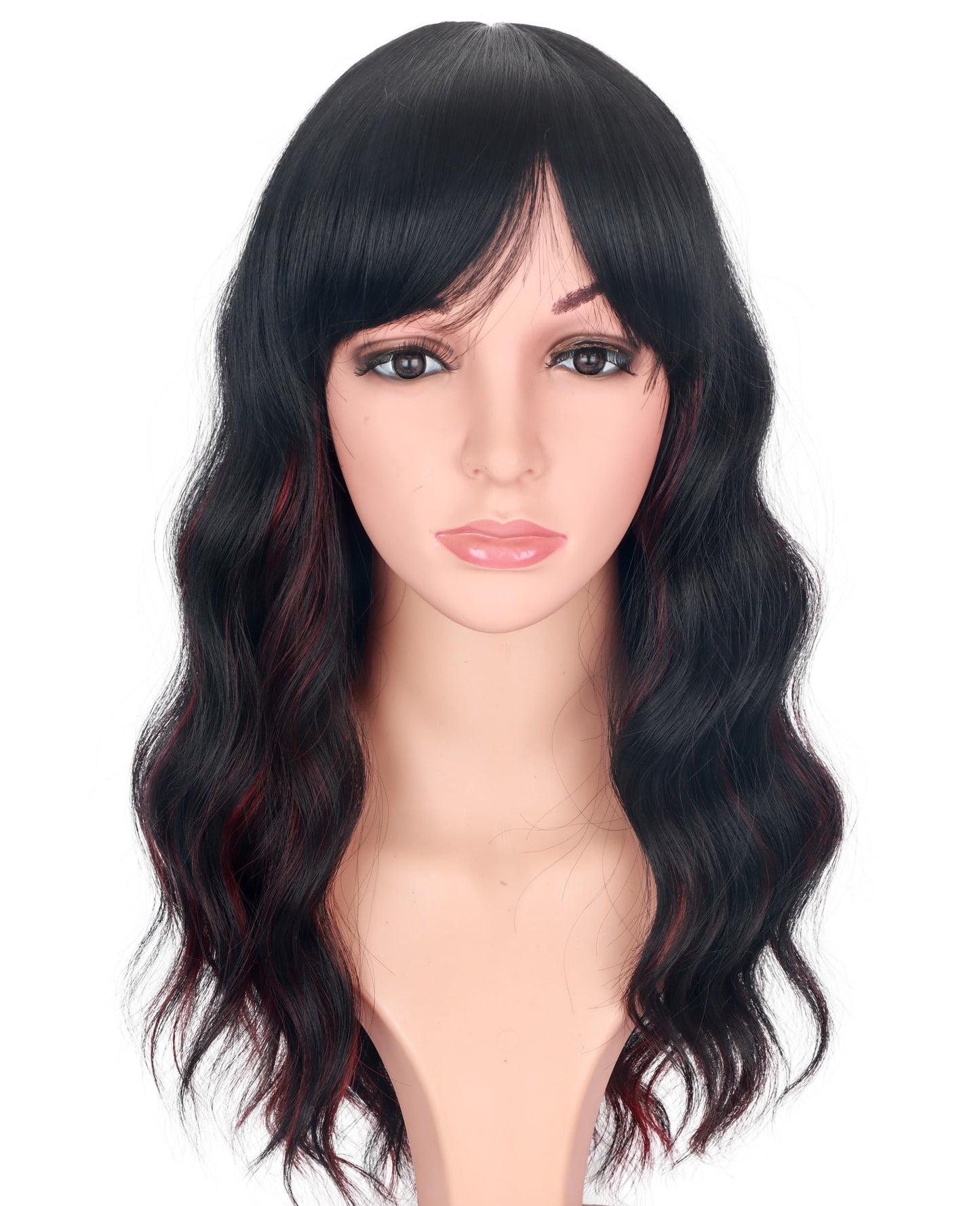 SYMEIW Burdundy-Black Hair Wavy Wigs With Bangs For Women Synthetic Black Hair With Red Undertones Wigs For Daily Use Everyday W