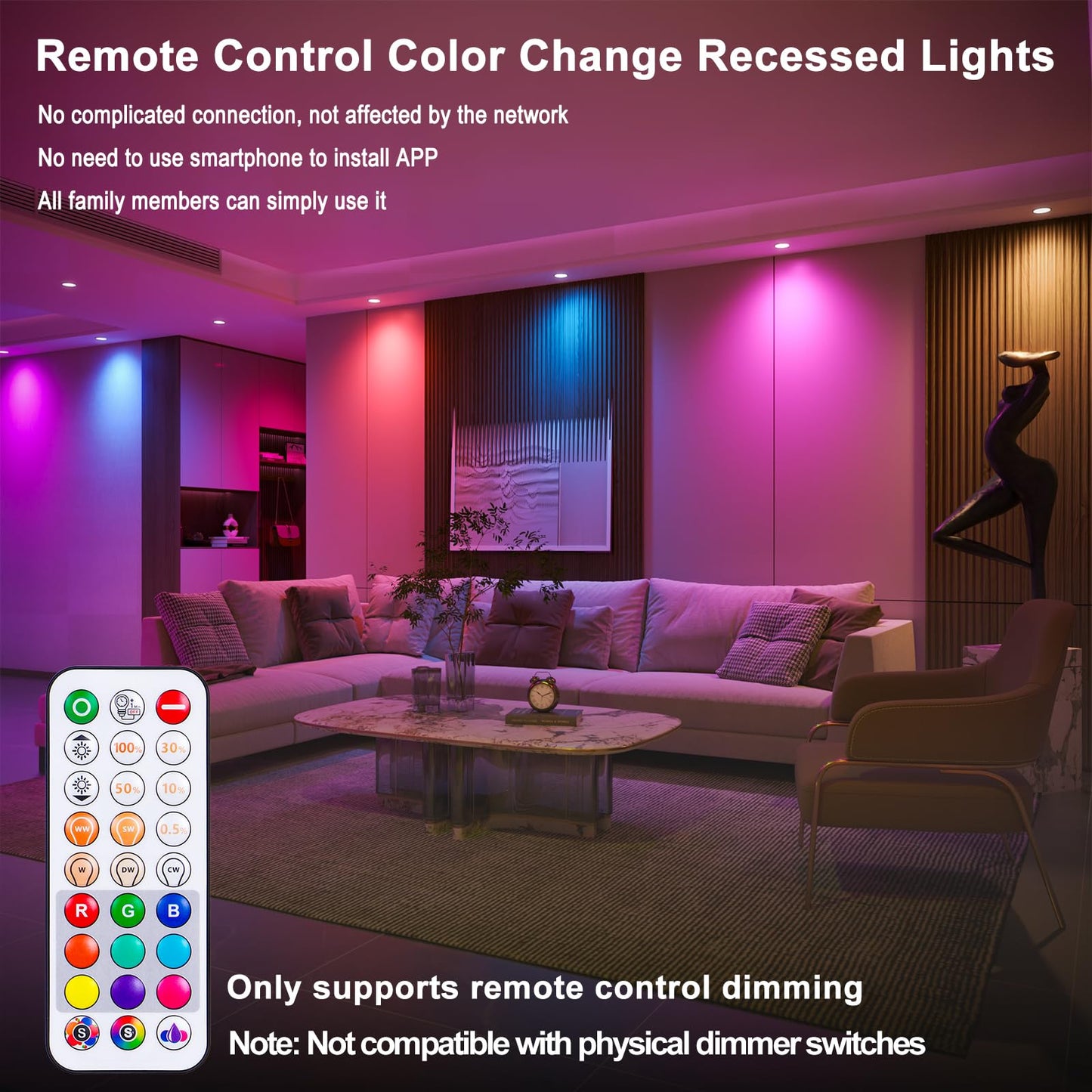 Taptoron 4 Inch Canless LED Recessed Ceiling Light, RGBCW, 12W, 1080LM, Dimmable, 12 Pack, Model TD4C001