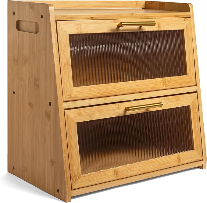 Extra Large Bamboo Bread Box for Kitchen Countertop, Dual-Layer Breadbox Provides Double the Bread Storage Space, Holds Multiple Loaves, Durable & Beautiful with Frosted Acrylic Panels