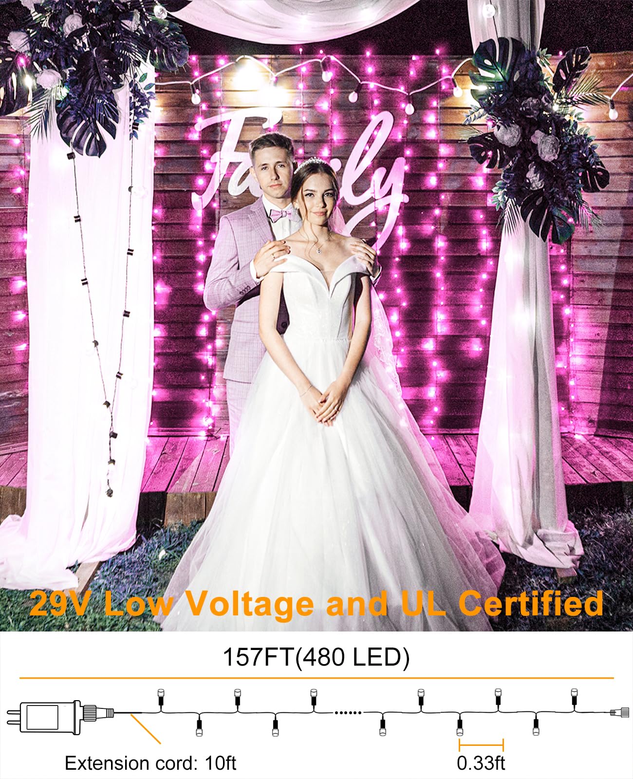 Xmasbokeh 157Ft 480 Led Christmas Lights Outdoor  Plug In Christmas Tree Lights Waterproof  8 Modes Fairy String Light For Indoor Room Home Tree Party Decorations  Pink