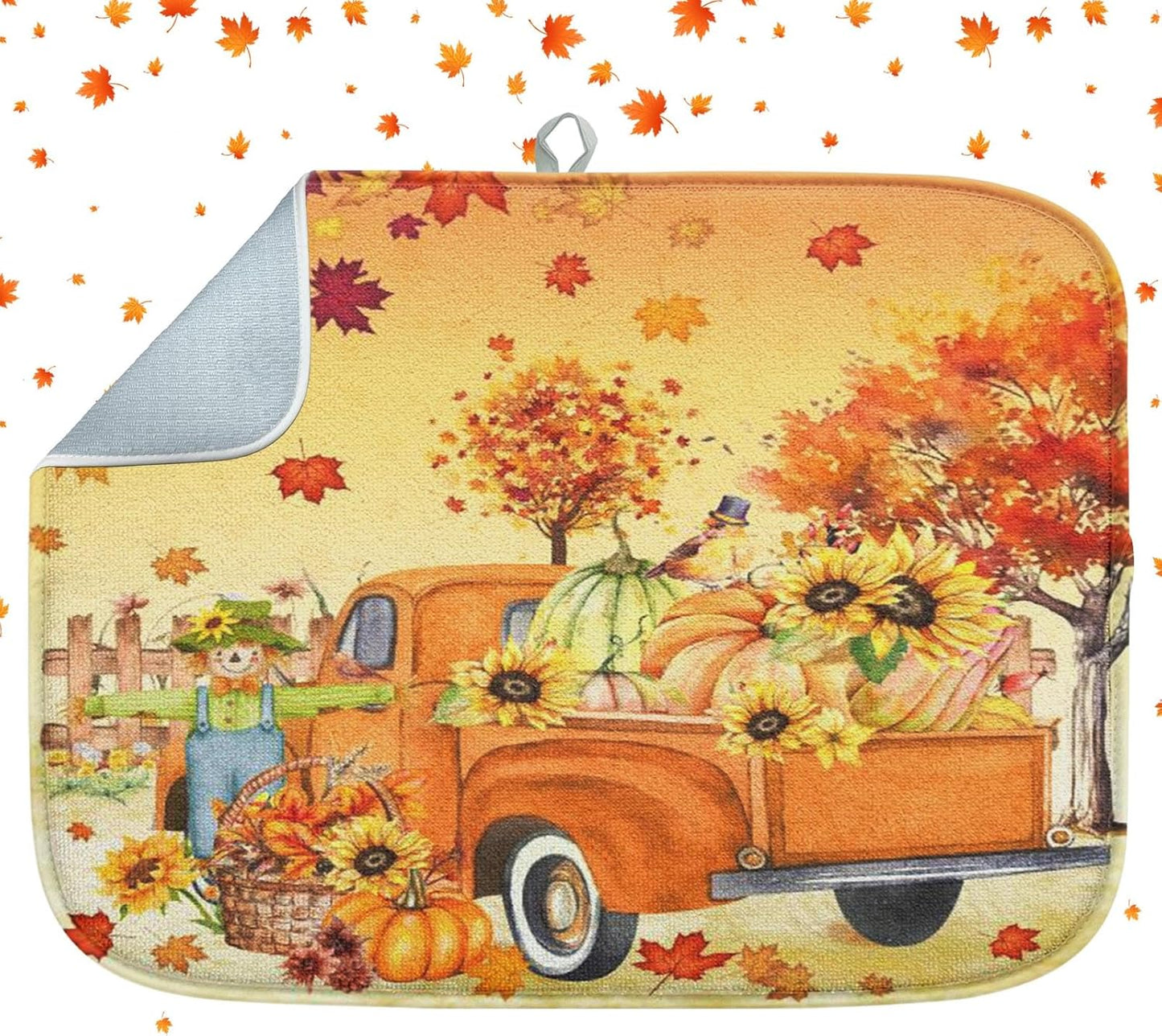 Sanwarm Absorbent Dish Drying Mat, Fall Truck Pumpkin Microfiber Pad for Kitchen Counter, Tree Leaf for Coffee Bar Decor, Heat Resistant and Reversible, 18" x 24"