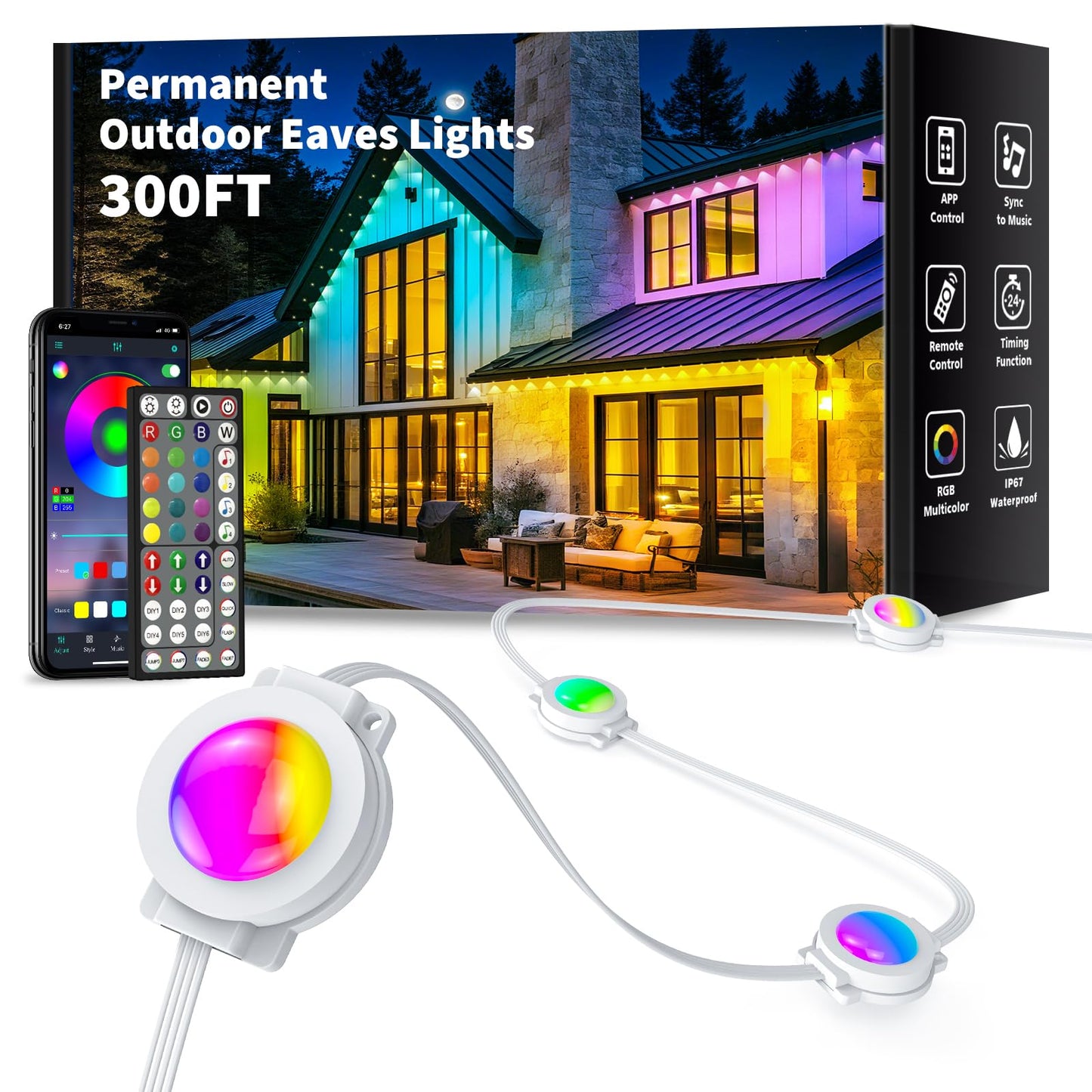 Yibulayin 300Ft Permanent Outdoor Lights Waterproof  Smart Rgb Eaves Lights With App/Remote Control  Diy Scene Modes  Led Outdoor Lighting For Christmas Holidays Daily Party House Roof Lighting
