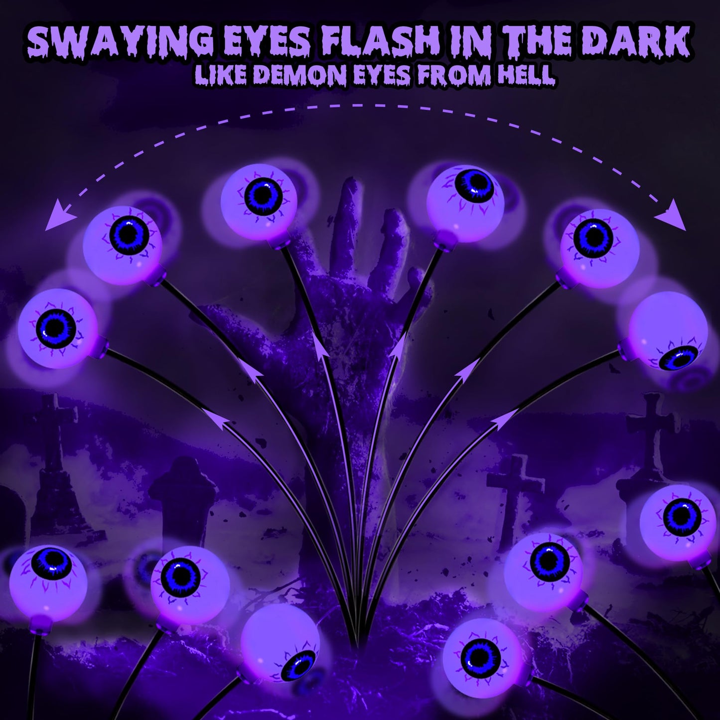 BrizLabs Halloween Eyeball Lights, 12 LED Solar Pathway Lights, 2 Pack, Purple, Outdoor Spooky Walkway Lighting