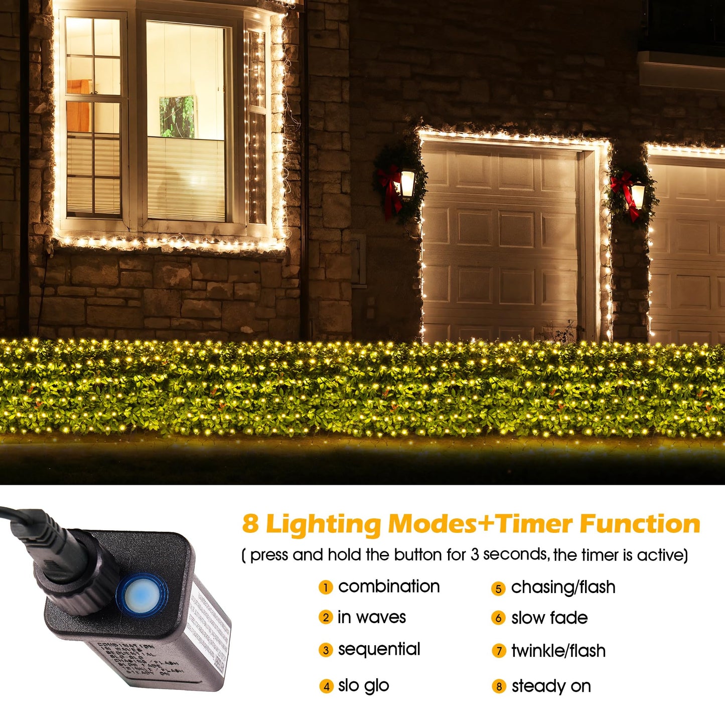 Blctec 200 Led Christmas Net Lights, 8 Modes, Waterproof, Warm White, 8.4Ft X 5.2Ft, Connectable Outdoor Decorations