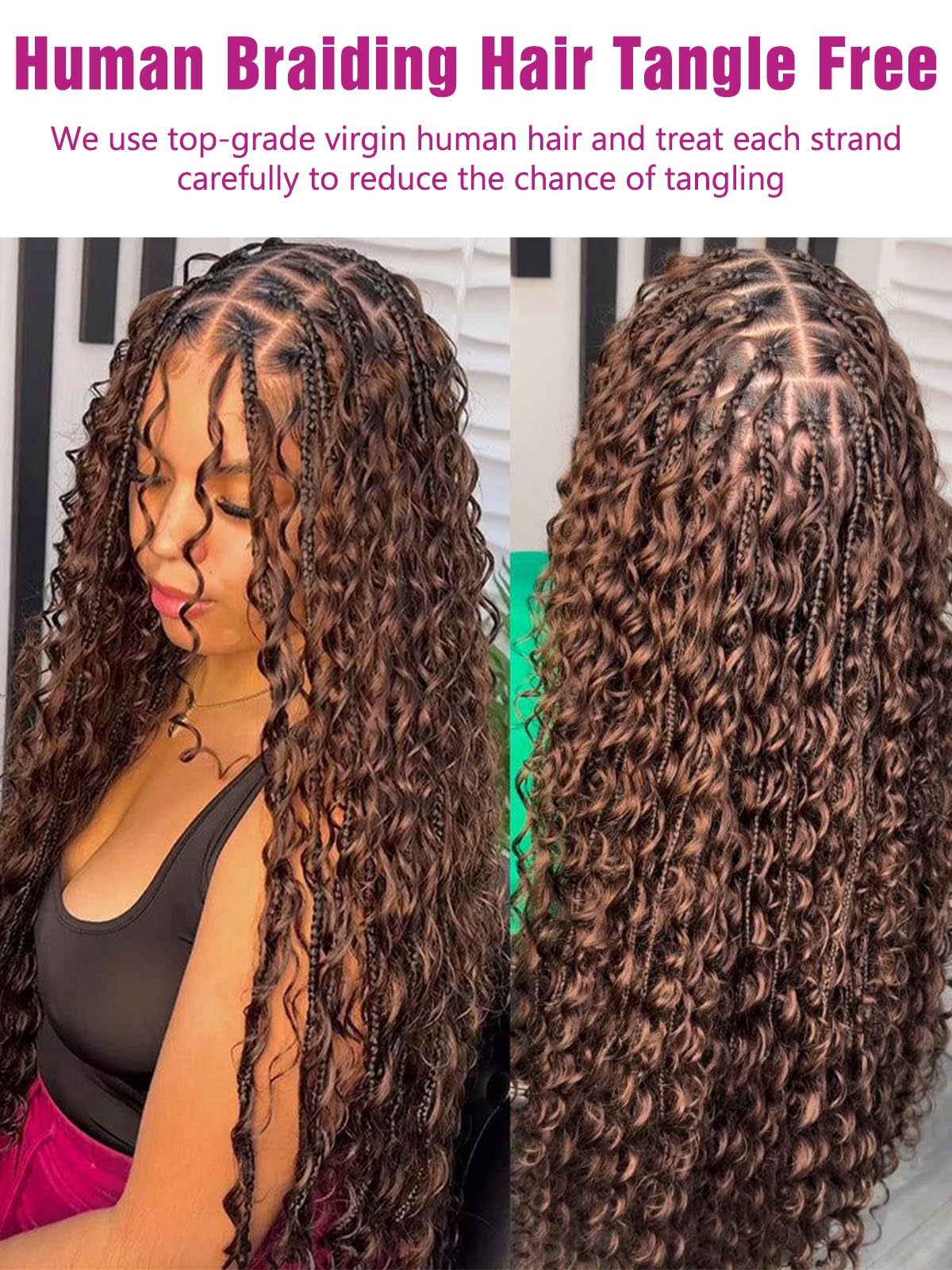Chocolate Brown Human Braiding Hair Deep Wave Bulk Human Hair, 4# Color No Weft Curly Braiding Hair Extensions for Boho Braids W