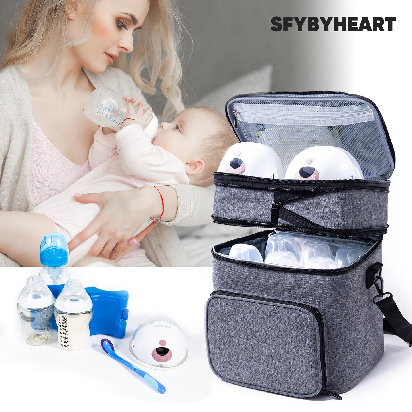 SFYBYHEART Breastmilk Storage Bag with Ice Pack for 6 Baby Bottles - Expandable Breast Pump Bag with Cooler for 6 Mam Bottles Up to 9 Ounce - Bottle Cooler Bag for Daycare