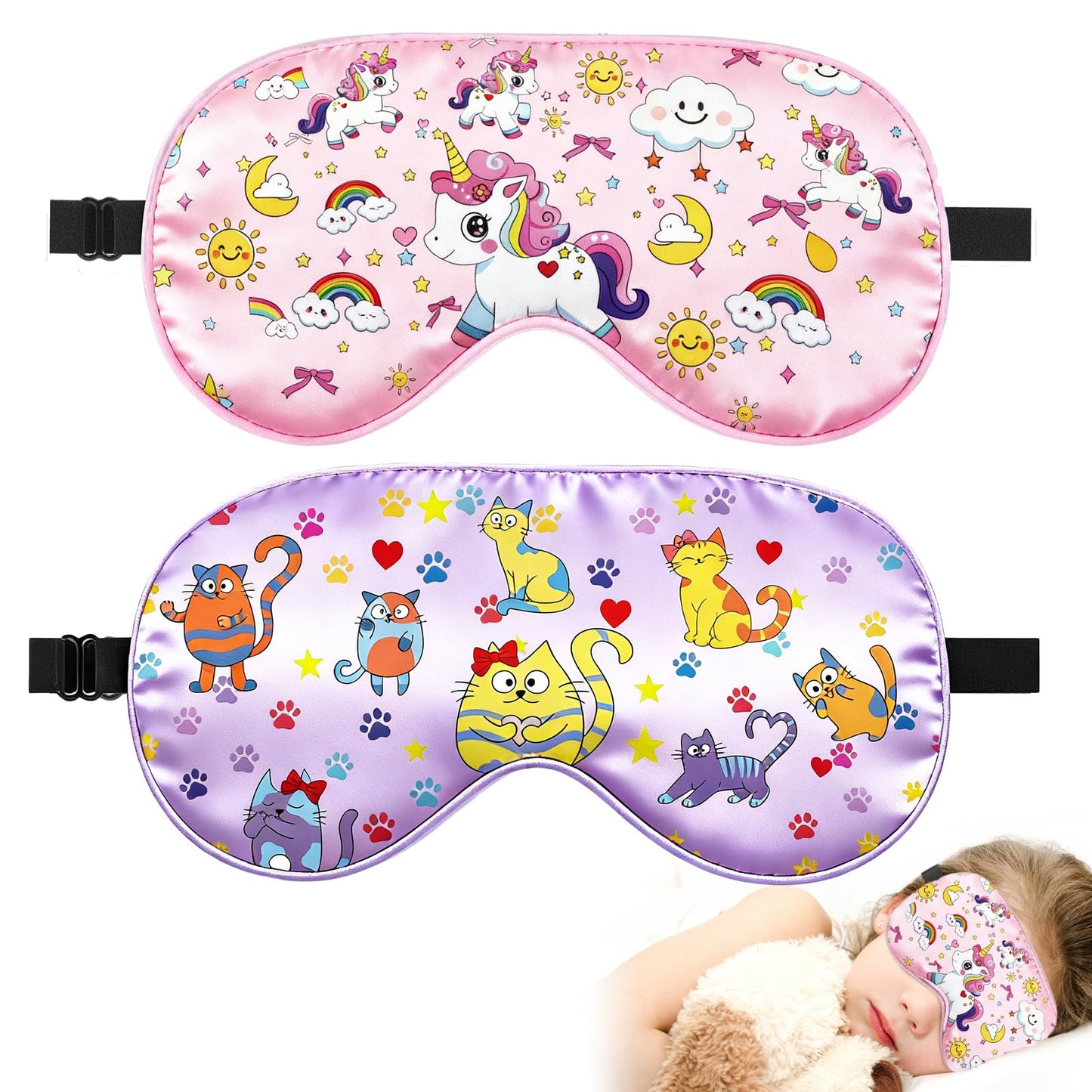 2 Pcs Sleep Mask for Kids Girls, Silk Eye Covers for Sleeping, Adjustable Strap & Light Blocking Design, Children's Bedtime Blindfold for Travel and Home Use (Rainbow Unicorn)