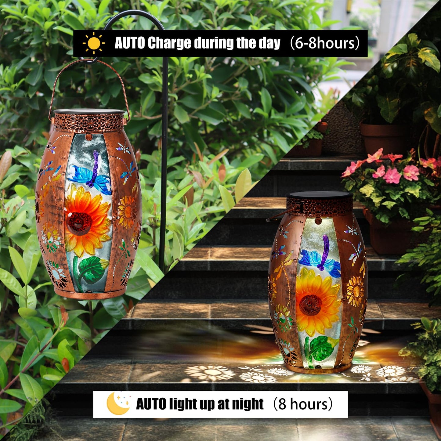 Solar Lanterns Outdoor Hanging Lights Decor Dragonfly Lantern Waterproof Metal Led Sunflower Light Decorative Garden Yard Patio Lawn Gifts For Women Mom