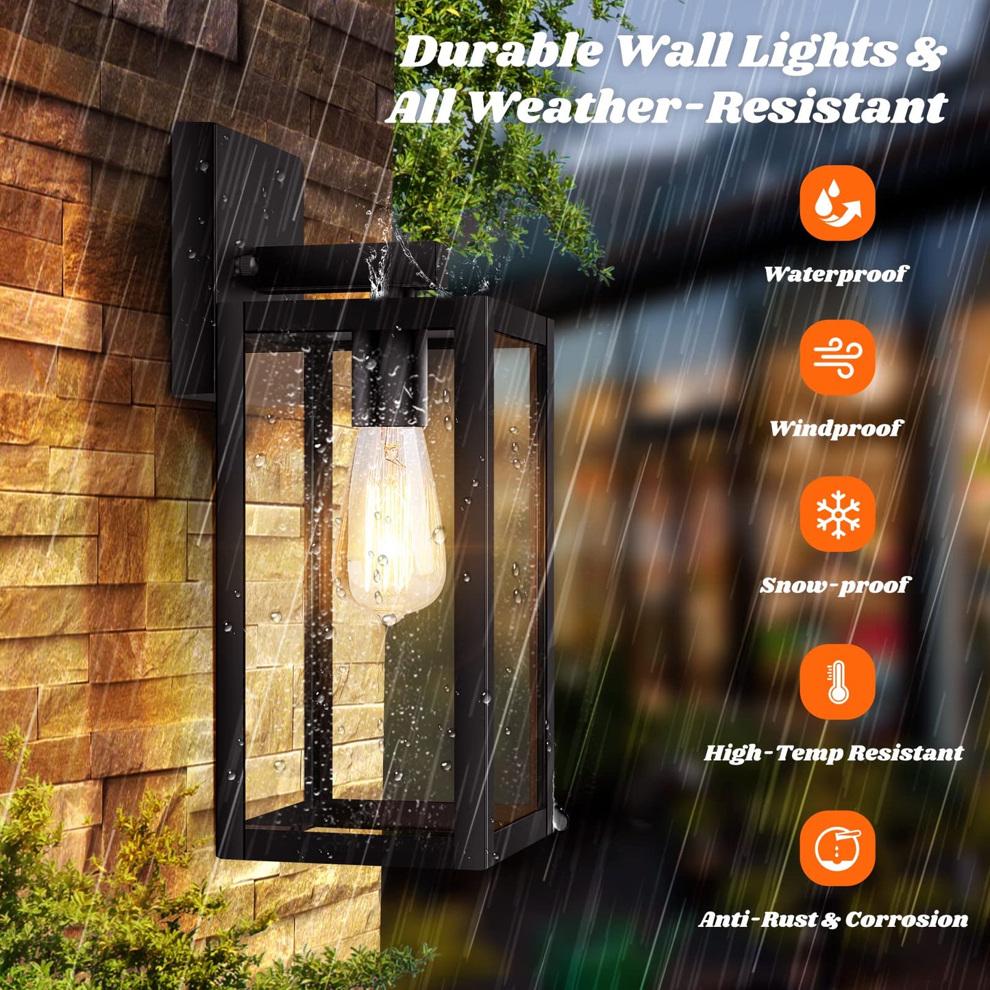 Brightever 2-Pack Outdoor Wall Lanterns, Waterproof Black Metal Sconces, Clear Glass, Model B04018P