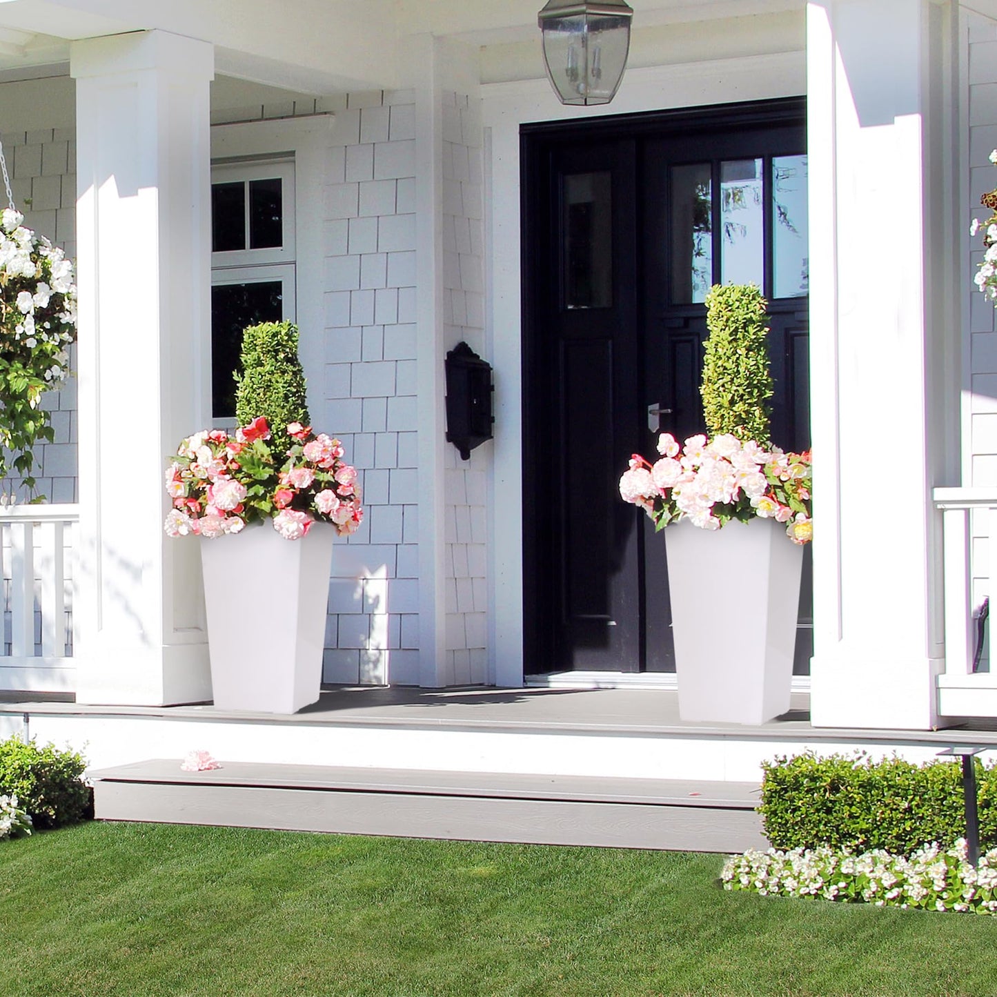 Garvee 22.5" Tall Planters Set of 2, Outdoor＆Indoor Black Planter Pots, High Front Porch Planter Pots with Drainage Holes＆Water Level Monitor＆Inner Bucket,White