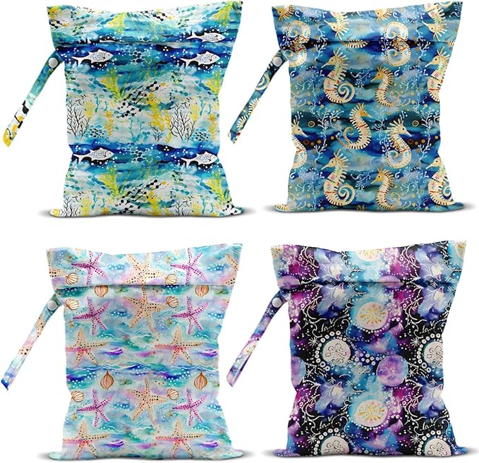 4 Pack Wet Bag for Swimsuit, Beach Travel Essentials Wet Dry Bag, for Sunscreen Toiletry Dirty Clothes Yoga Gym Diaper, Friend Summer Beach Vacation Gifts. Ocean Series