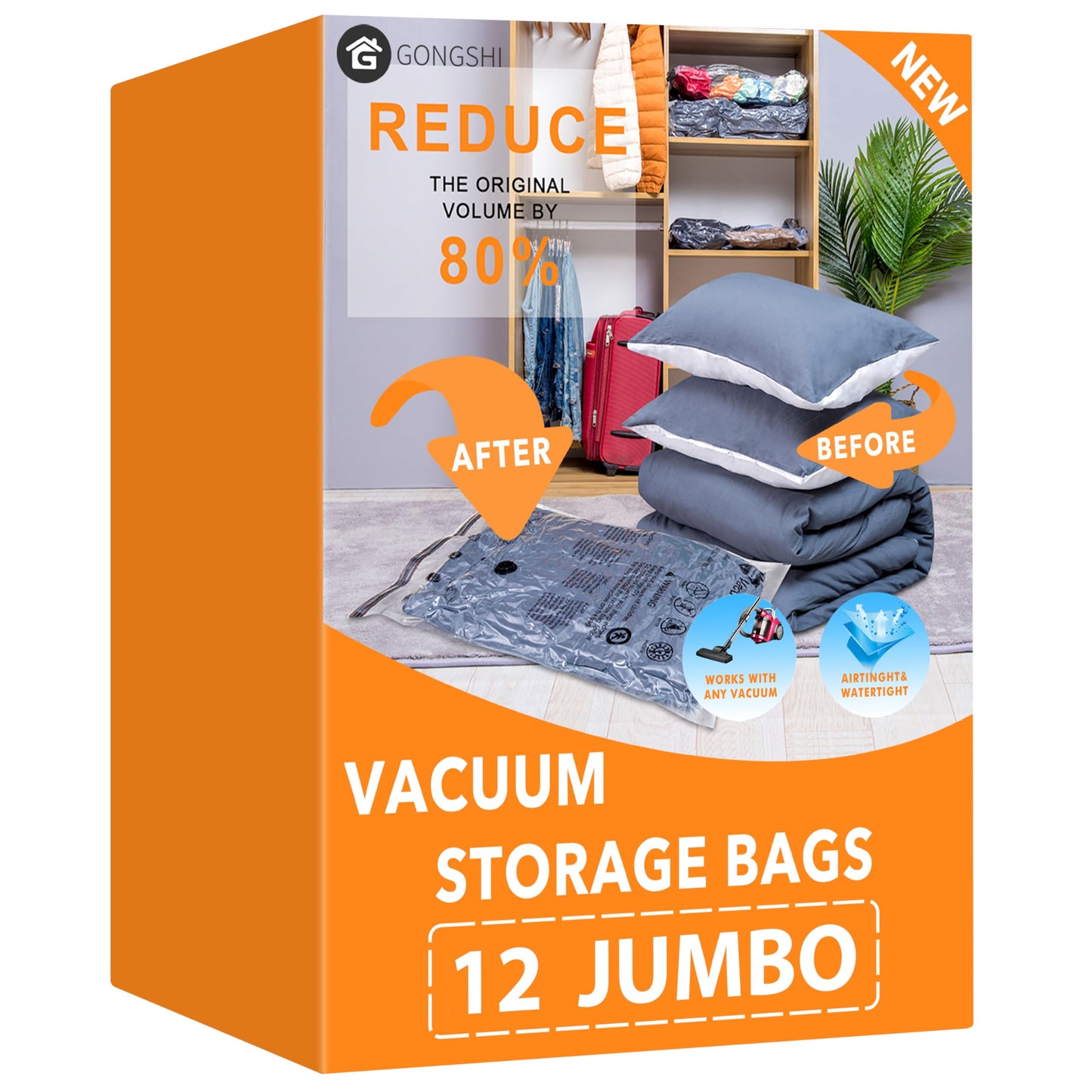 Vacuum Storage Bags Jumbo (12 x Jumbo),Plastic Packaging Bags,Space Saver Sealer Compression Bags for Blankets, Comforters, Pillows, Bedding,Clothes Storage