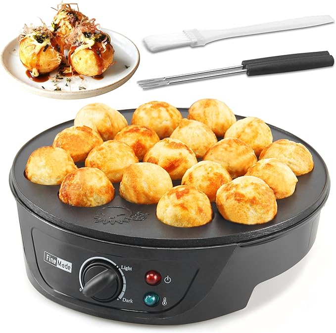 Takoyaki Maker Pan with Temperature Control, Tools and Recipes, Make 18 Japanese Octopus Balls at once, Easy to Use and Store