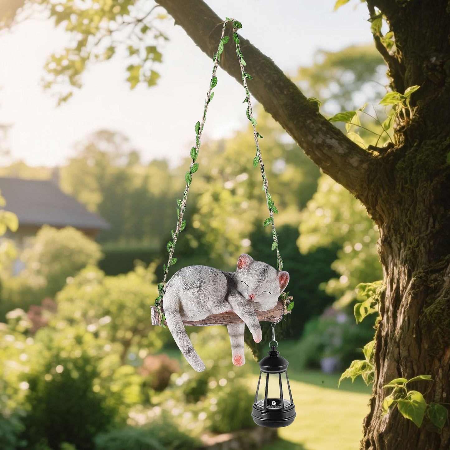 Zaayee Solar Lighted Garden Outdoor Statue  22.6 H Hanging Swing Lying With A Sleeping Cat And A Led Lantern  Resin Animal Figurine Hanging Ornaments With Hook For Decoration & Gift