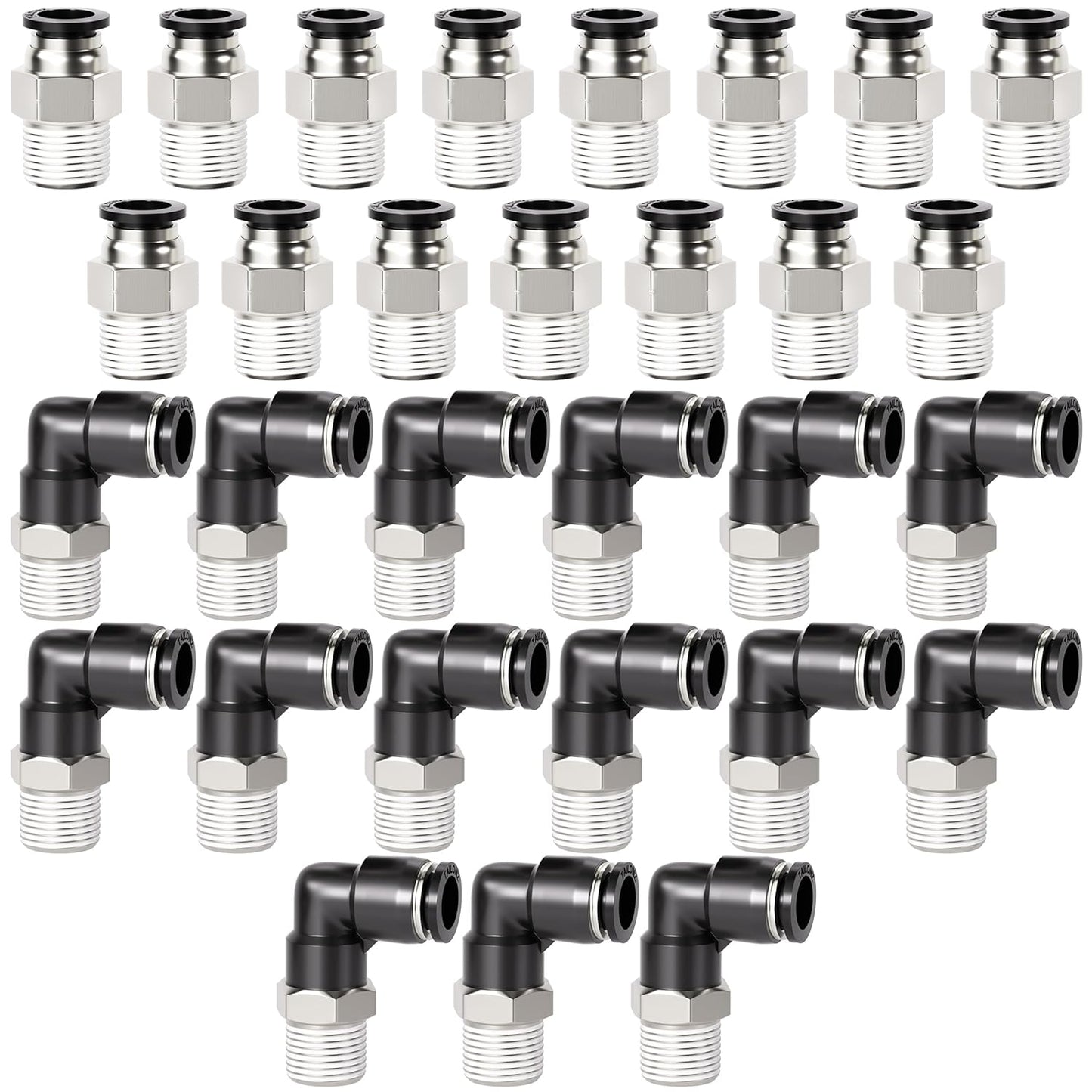 TAILONZ PNEUMATIC Elbow and Straight Combination 1/4 Inch Tube OD x 1/8 Inch NPT Thread Push to Connect Fittings PC-1/4-N1+PL-1/4-N1(Pack of 30)