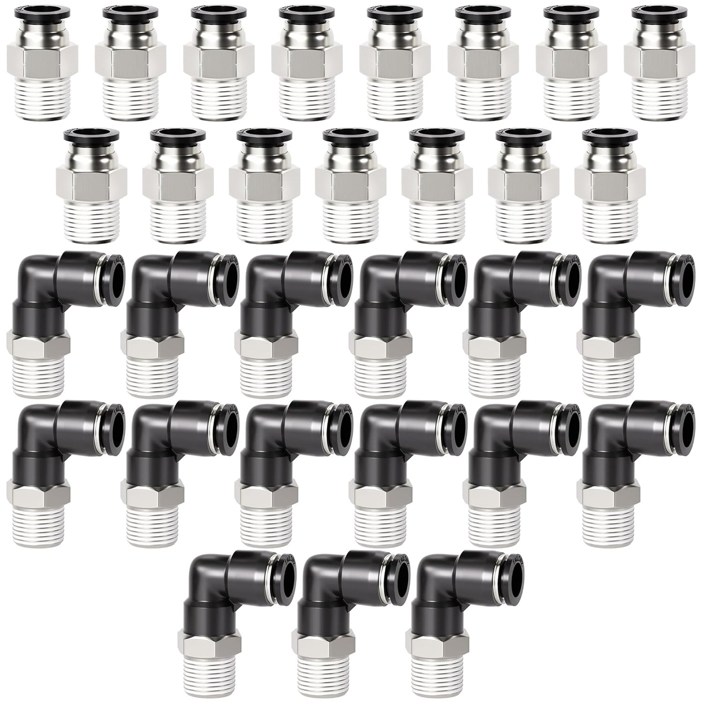 TAILONZ PNEUMATIC Elbow and Straight Combination 1/4 Inch Tube OD x 1/4 Inch NPT Thread Push to Connect Fittings PC-1/4-N2+PL-1/4-N2(Pack of 30)