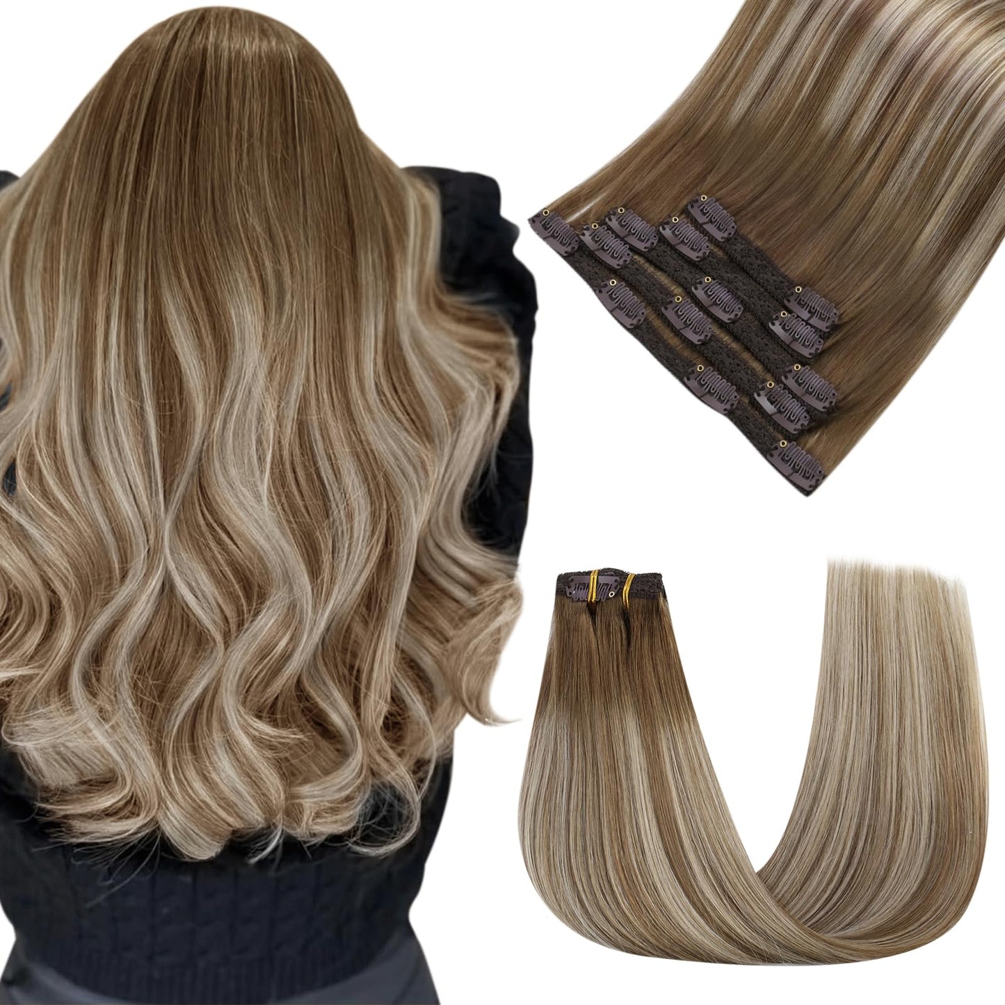 Easyouth 22 Inch Clip in Extensions Real Human Hair Brown Balayage Clip in Human Hair Extensions Chestnut Brown Balayage Platinu