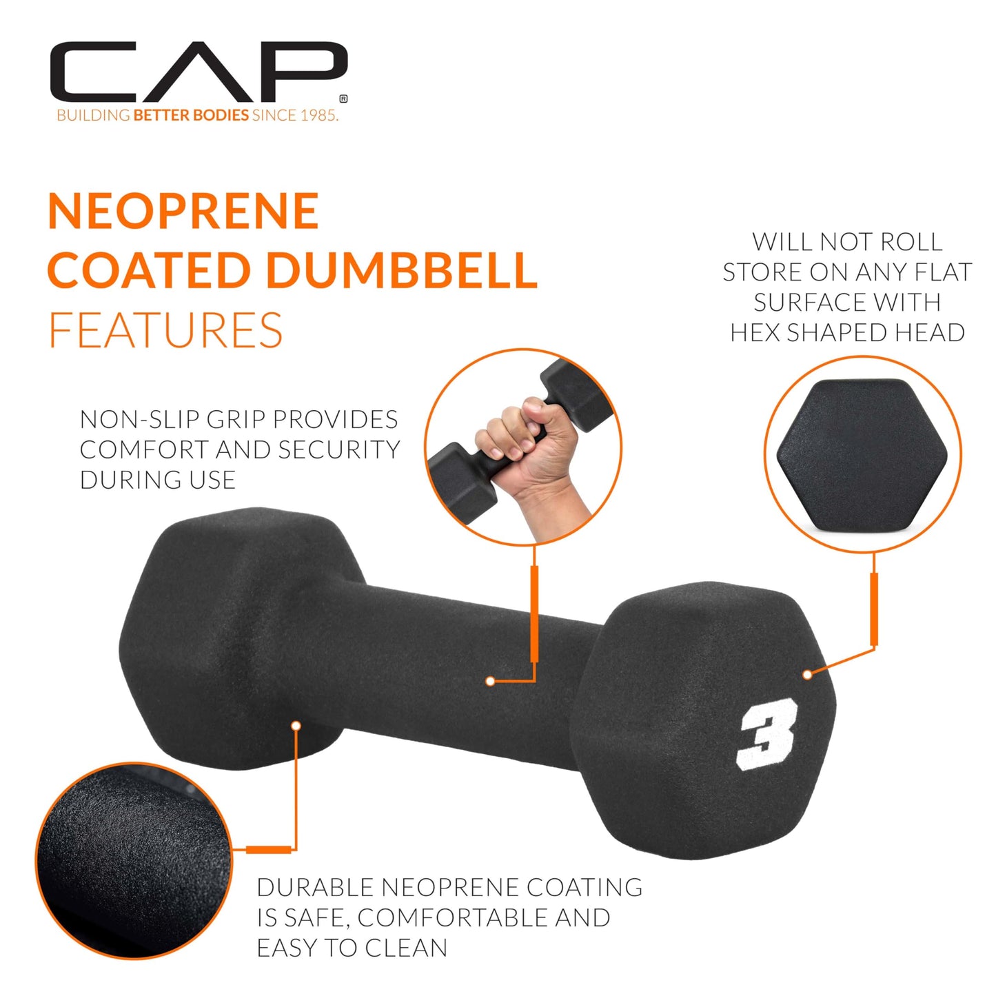 CAP Barbell 3 LB Neoprene Dumbbell Hand Weights - Pair | Black