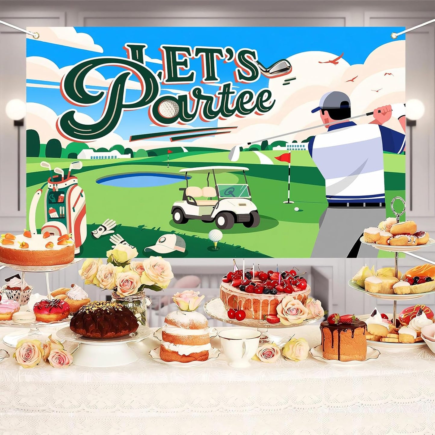 7x5ft Let's Partee Golf Theme for Birthday Backdrop Green Grass Club Sports Grounds Photo Background Adult Kids Golf Birthday Party Decorations Banner Photo Booth Studio Props