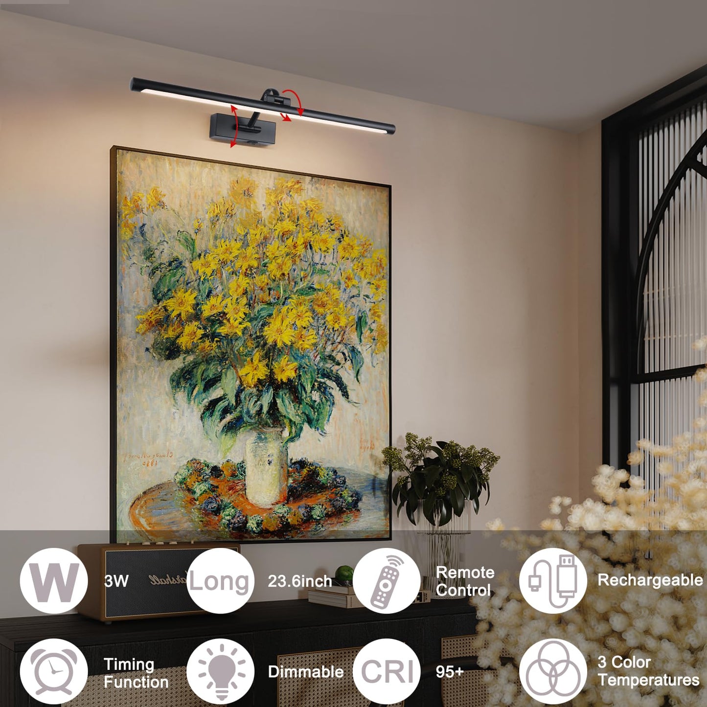 yumcrelect 23.6 Inch Battery Operated Picture Lights for Wall Rechargeable Art Lighting for Paintings Wireless Gallery Lights with Remote Control and Dimmable Timed Off Black Wall Lights
