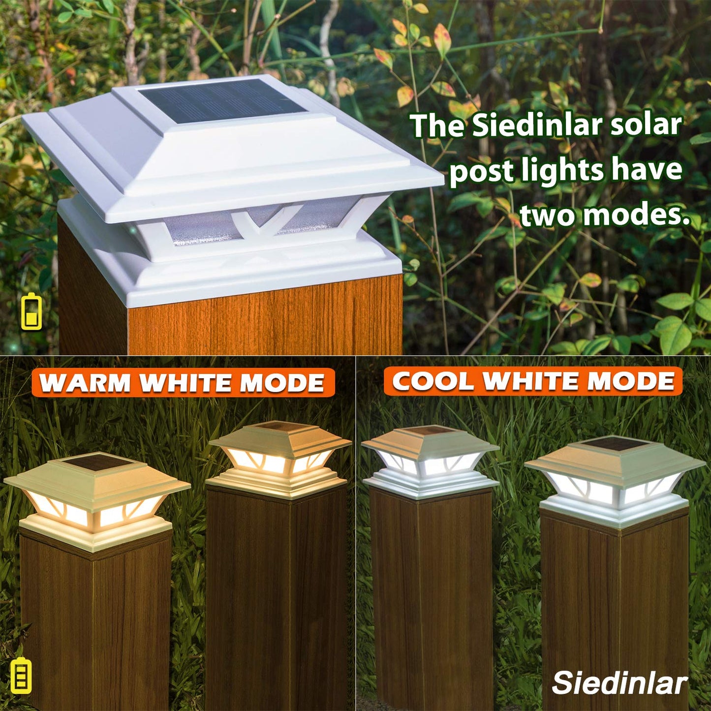 SIEDiNLAR Solar Post Lights LED 2 Modes for 4x4 5x5 6x6 Posts, Warm White/Cool White, 2 Pack, Acrylonitrile