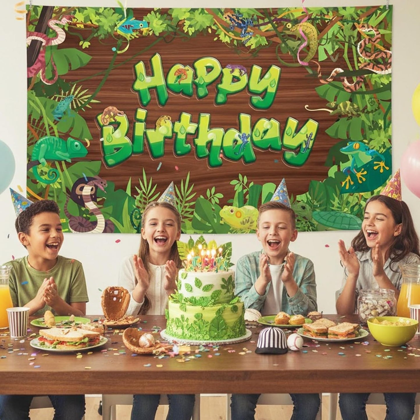 Reptile Jungle Birthday Banner Backdrop - Vinyl Photo Background with Snakes Frogs Chameleons Lizard, Reptile Theme Birthday Party Decorations for Kids Boys Girls