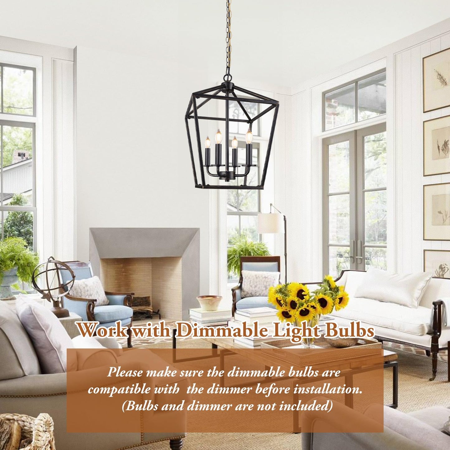 Farmhouse Chandelier 4-Light  Black & Gold Pendant Light Fixture For Kitchen Island Dining Room  Lantern Industrial Lighting Ceiling Hanging With Metal Cage Adjustable Height For Entryway Foyer