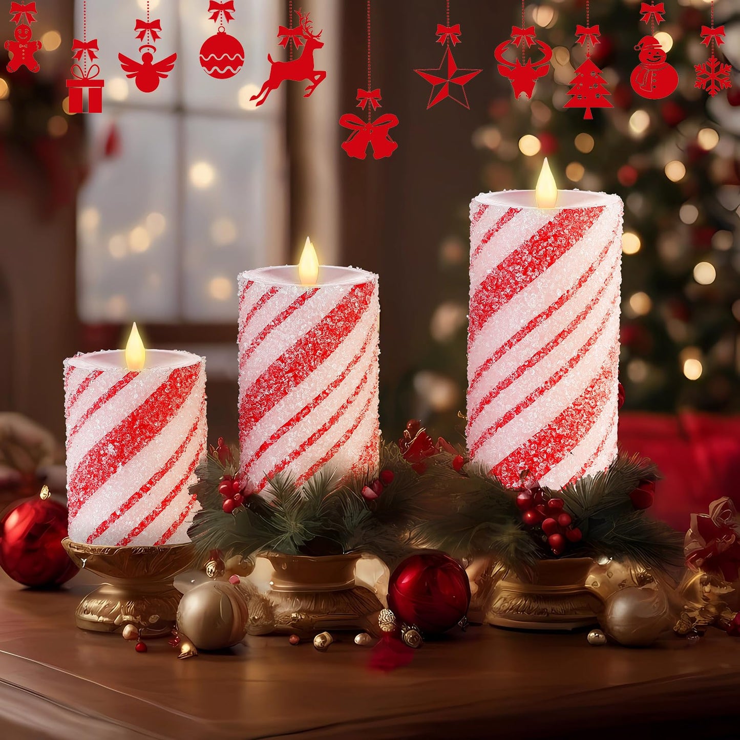 Baquler 3 Pcs Christmas Flameless Pillar Candles LED Candy Cane Peppermint Stripe Red and White Glitter Battery Operated Candles for Xmas Holiday Centerpiece Home Party Decor