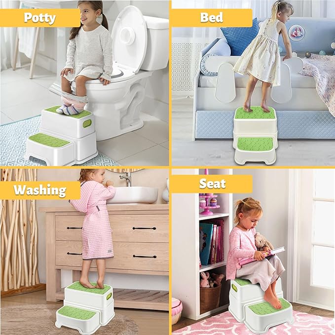 WELSPO 2 Step Stool for Kids, Toddler Step Stool for Bathroom, Kitchen, Bedroom, Living Room, Non-Slip Toddlers Toilet Potty Stool with Handles Baby Child Kid Plastic Poop Stools(Green)