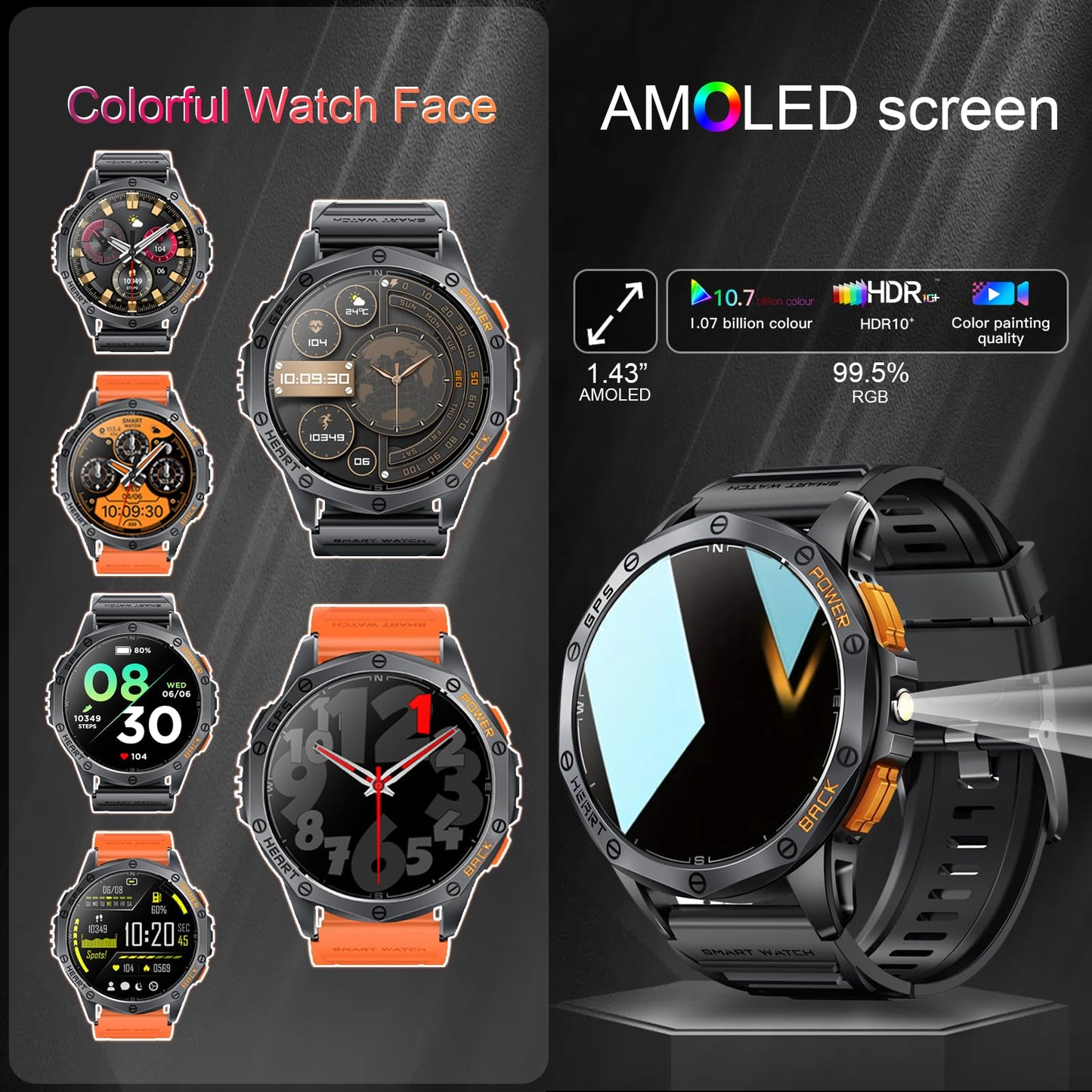 Military Smart Watches Built-in GPS, 170+ Sport Modes for Men with Flashlight, Smartwatch for Android Phones and iPhone, 1.43" AMOLED Screen Bluetooth Call Compass Altimeter (Black & Orange (2 Bands))