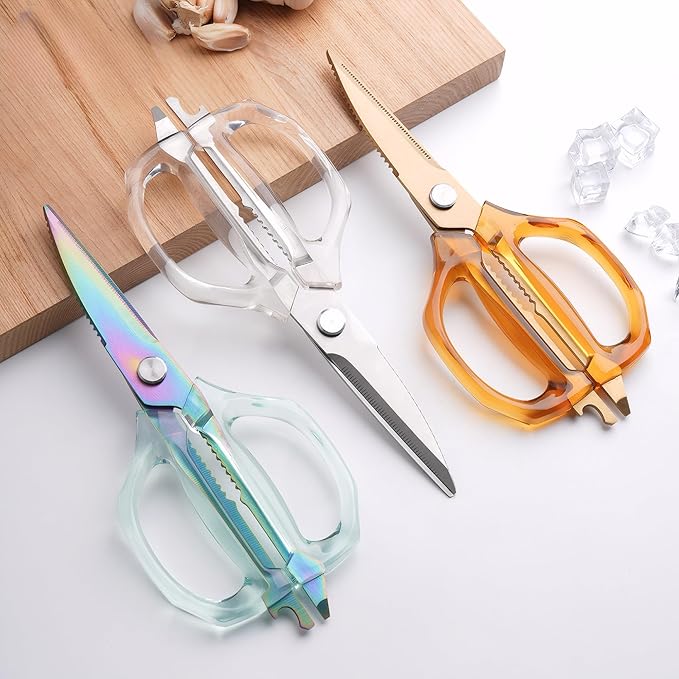 Jasni Transparent Handle Stainless Steel Sharp Powerful Kitchen Scissors Multi-Purpose Heavy Duty Food Scissors Kitchen Shears Chicken Poultry bone fish scales (Green handle color blade)