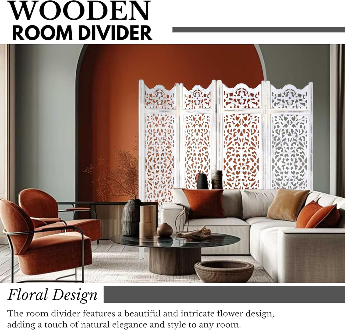 Room Divider Wood Screen Panel – Antique White, 4-Panel Folding 64"x48", Hand-Carved, Reversible Privacy Partition, Decorative & Functional Portable Room Divider for Home or Office
